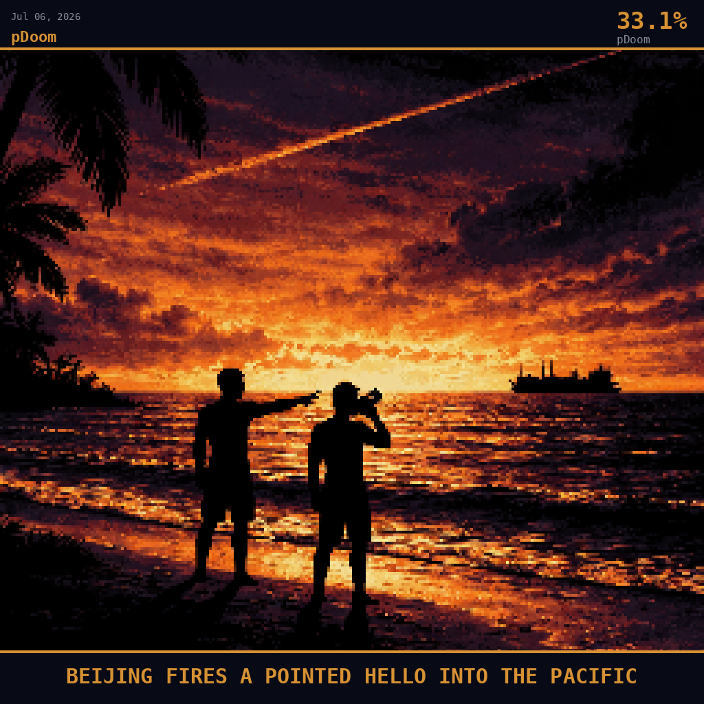pDoom card for July 6, 2026: 33.1%, BEIJING FIRES A POINTED HELLO INTO THE PACIFIC. Pixel art: silhouette composition, deep navy and smoldering orange palette, camera positioned at beach level on a low-lying Pacific island shore looking westward into a bruised sunset sky, two islander figures s.