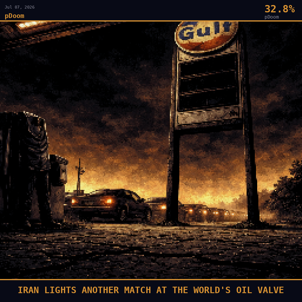 pDoom card for July 7, 2026: 32.8%, IRAN LIGHTS ANOTHER MATCH AT THE WORLD'S OIL VALVE. Pixel art: ground-level view looking steeply upward from cracked sun-baked asphalt at a Gulf petrol station forecourt, camera pressed flat to the ground beneath a towering price sign pole whose numbers have gone.