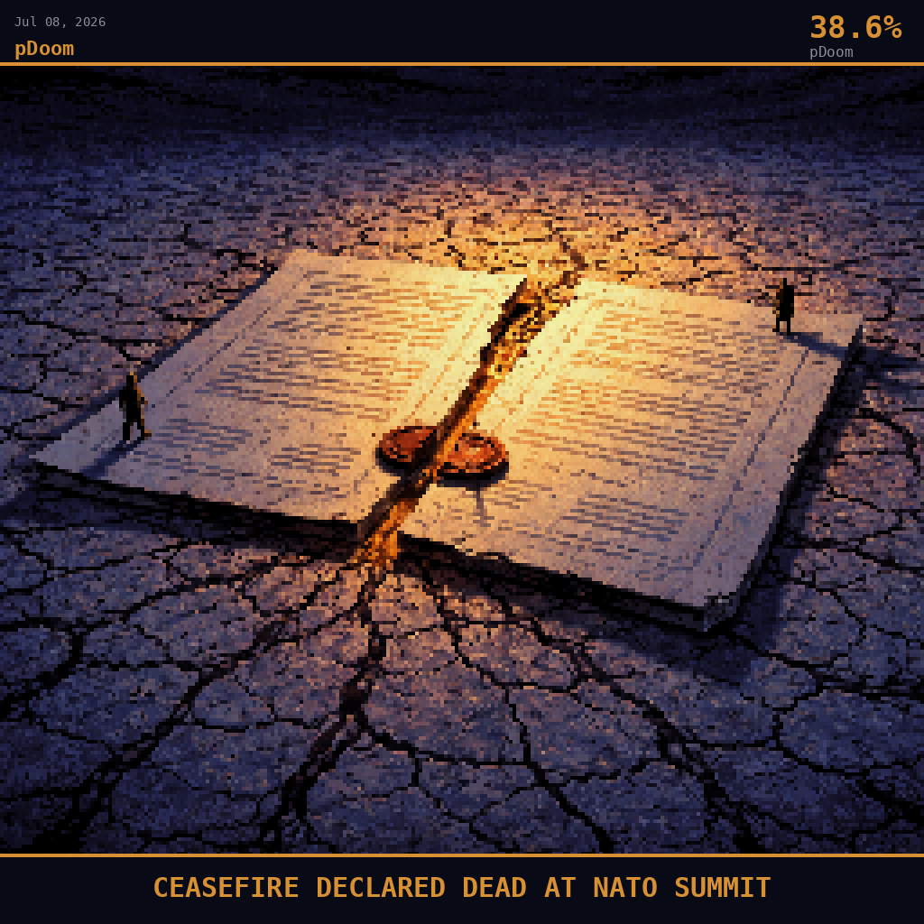 pDoom card for July 8, 2026: 38.6%, CEASEFIRE DECLARED DEAD AT NATO SUMMIT. Pixel art: wide aerial view angled down at 45 degrees over a vast expanse of cracked desert salt flat stretching to the horizon, deep navy shadows bleeding across the pale fractured earth, a single enormous form.