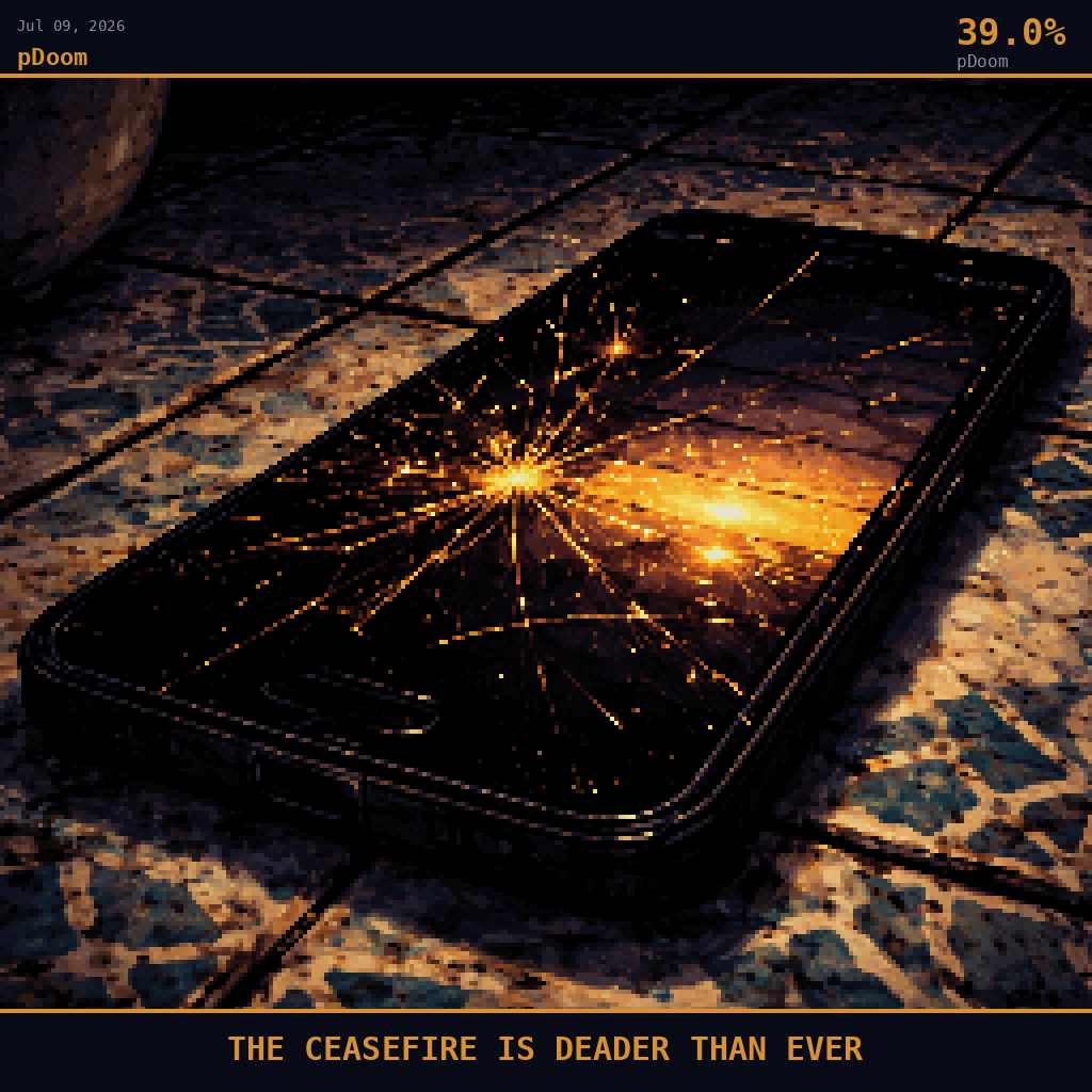 pDoom card for July 9, 2026: 39.0%, THE CEASEFIRE IS DEADER THAN EVER. Pixel art: extreme close-up filling the entire frame with a cracked smartphone screen lying face-up on a worn ceramic kitchen tile, camera pressed inches above the glass at a nearly flat angle, the shattered scr.