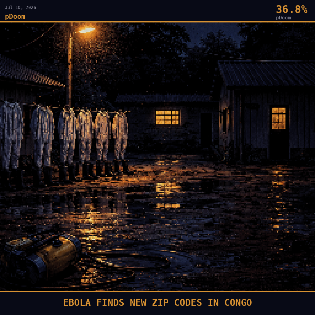 pDoom card for July 10, 2026: 36.8%, EBOLA FINDS NEW ZIP CODES IN CONGO. Pixel art: night scene aftermath, all light from artificial sources, deep navy and smoldering orange palette, camera positioned at ground level inside the outer perimeter of the Evangelical Medical Center in Bun.