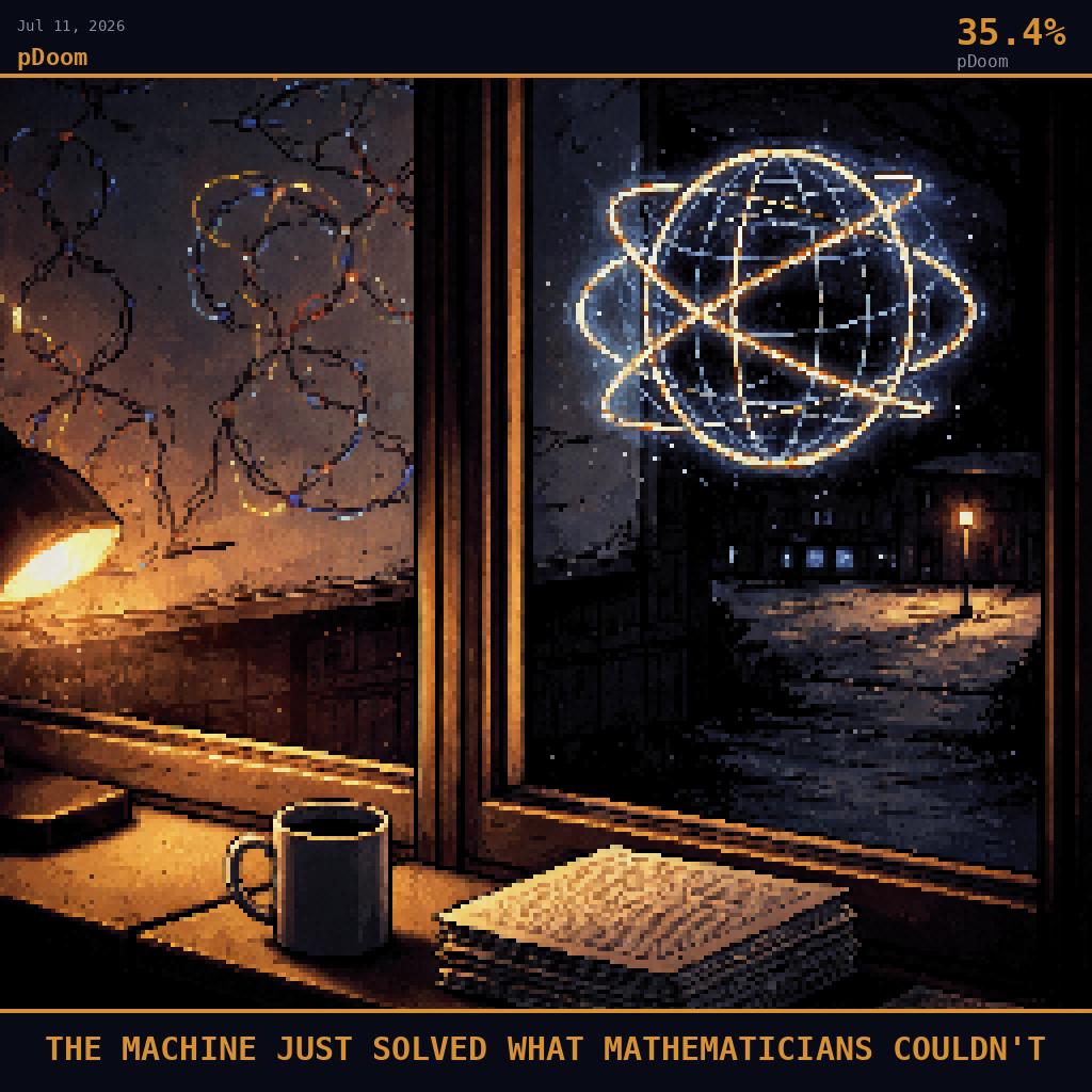 pDoom card for July 11, 2026: 35.4%, THE MACHINE JUST SOLVED WHAT MATHEMATICIANS COULDN'T. Pixel art: interior scene, camera positioned inside a dimly lit university mathematics department office looking outward through a tall narrow window into deep winter night, deep navy darkness pressing against t.