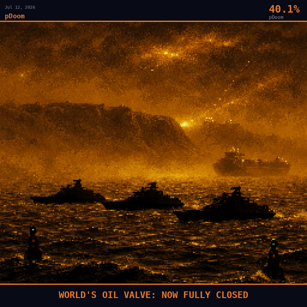 pDoom card for July 12, 2026: 40.1%, WORLD'S OIL VALVE: NOW FULLY CLOSED. Pixel art: weather-dominated scene, dense choking sandstorm pressing in from the Iranian coastline, camera positioned at sea level in the Strait of Hormuz looking north through orange-brown particulate haze towa.