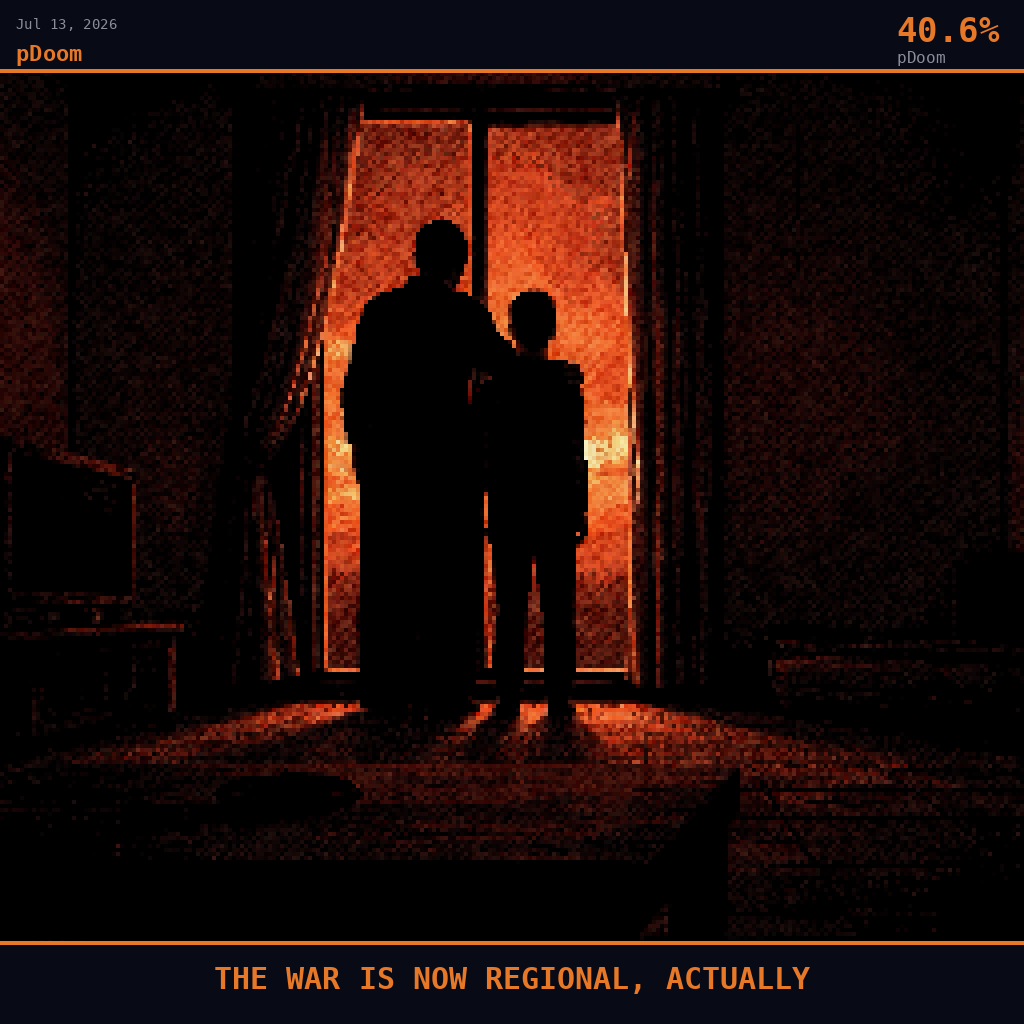 pDoom card for July 13, 2026: 40.6%, THE WAR IS NOW REGIONAL, ACTUALLY. Pixel art: silhouette composition, dark crimson and charcoal palette, camera positioned low at ground level inside a sparse Gulf Arab apartment, shooting toward a tall narrow window where two silhouetted figures.