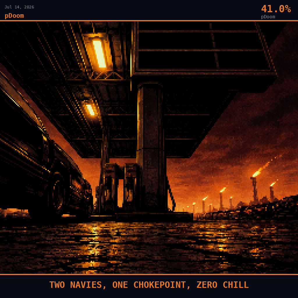 pDoom card for July 14, 2026: 41.0%, TWO NAVIES, ONE CHOKEPOINT, ZERO CHILL. Pixel art: ground-level view looking steeply upward from cracked sun-scorched asphalt at a Dubai petrol station forecourt, camera pressed flat to the ground beneath the massive canopy overhang, shooting straight.