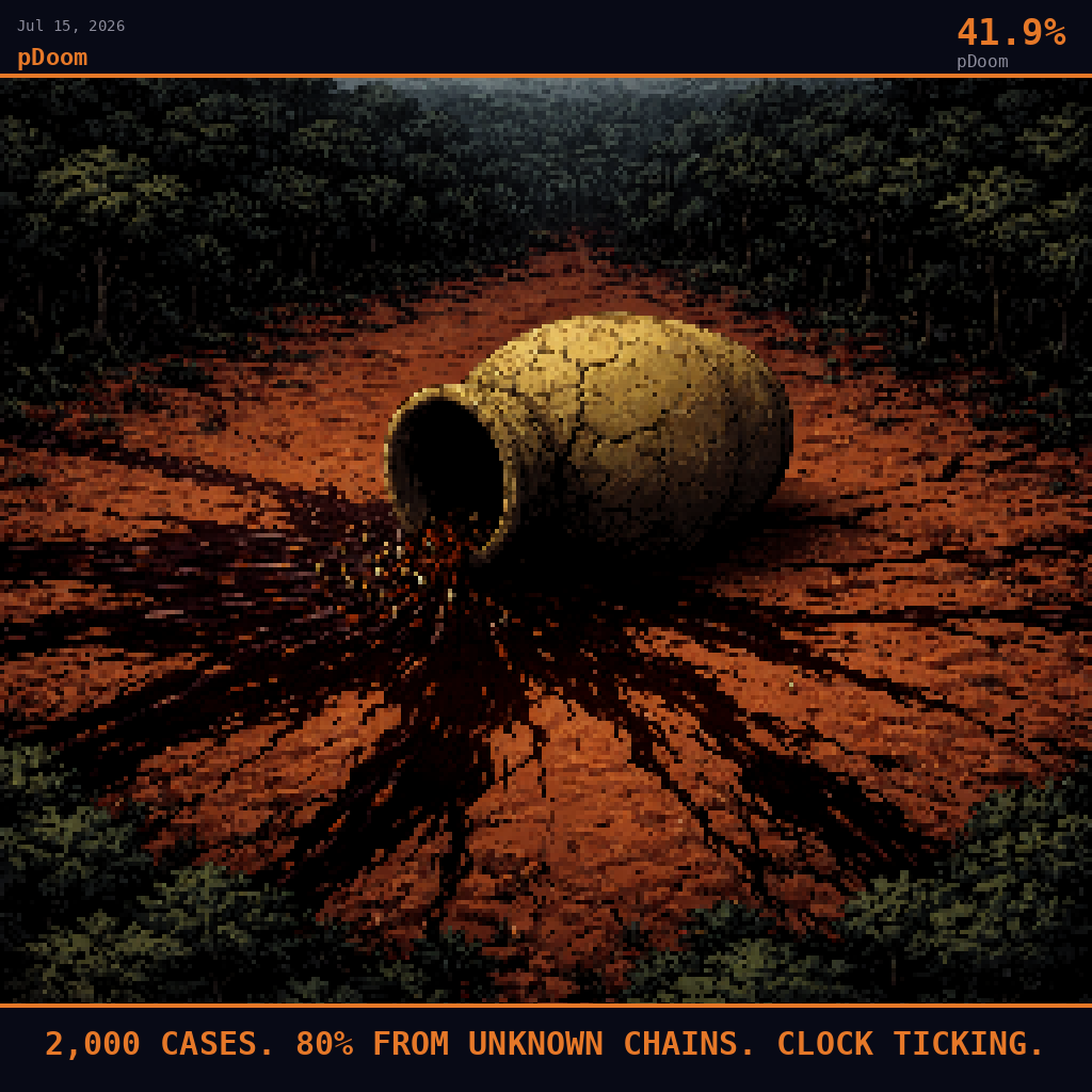pDoom card for July 15, 2026: 41.9%, 2,000 CASES. 80% FROM UNKNOWN CHAINS. CLOCK TICKING.. Pixel art: wide aerial view angled down at 45 degrees over a vast expanse of deep red laterite earth in equatorial Congo, camera pulled high and looking down at a symbolic scene below: a single enormous cracked .