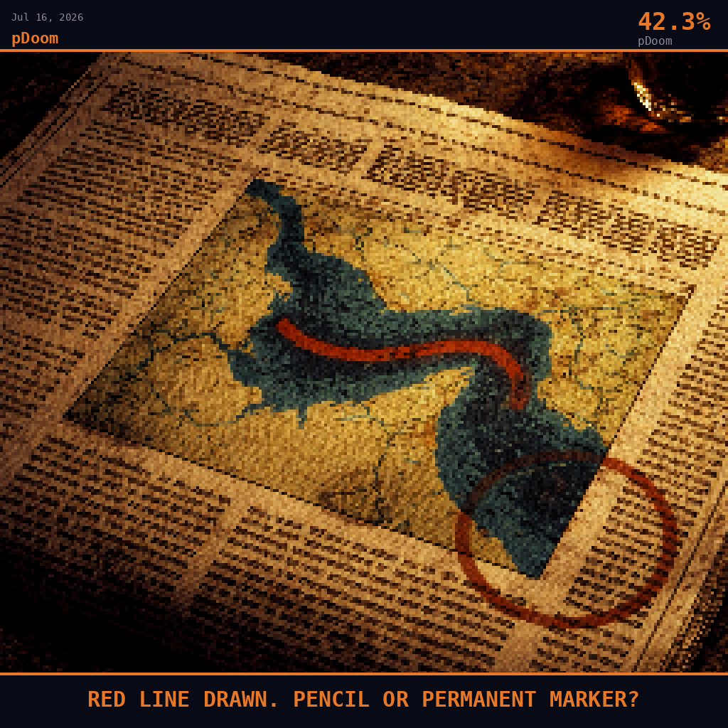 pDoom card for July 16, 2026: 42.3%, RED LINE DRAWN. PENCIL OR PERMANENT MARKER?. Pixel art: extreme close-up filling the entire frame with a single printed newspaper page lying on a dark stone surface, camera pressed inches above the paper looking straight down, the page lit from one side by.