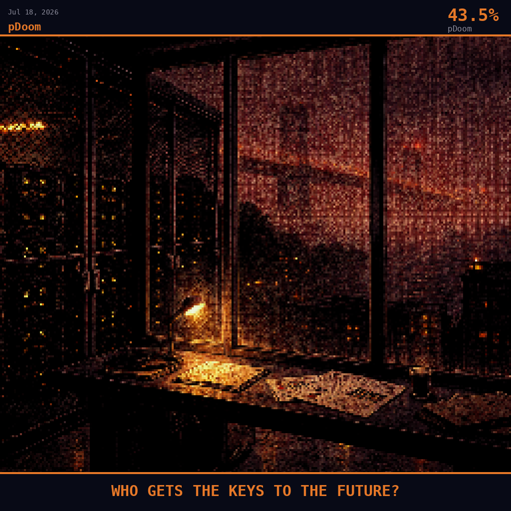 pDoom card for July 18, 2026: 43.5%, WHO GETS THE KEYS TO THE FUTURE?. Pixel art: interior scene, camera positioned inside a dimly lit San Francisco startup office looking outward through floor-to-ceiling glass windows into the fog-choked night skyline, dark crimson and charcoal pa.