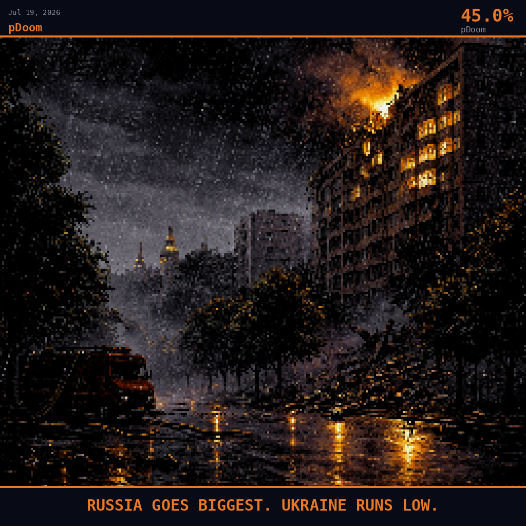 pDoom card for July 19, 2026: 45.0%, RUSSIA GOES BIGGEST. UKRAINE RUNS LOW.. Pixel art: weather-dominated night scene over Kyiv, thick curtains of summer rain falling through smoke-filled air, camera positioned at mid-height looking across a wide Soviet-planned boulevard lined with heavy.