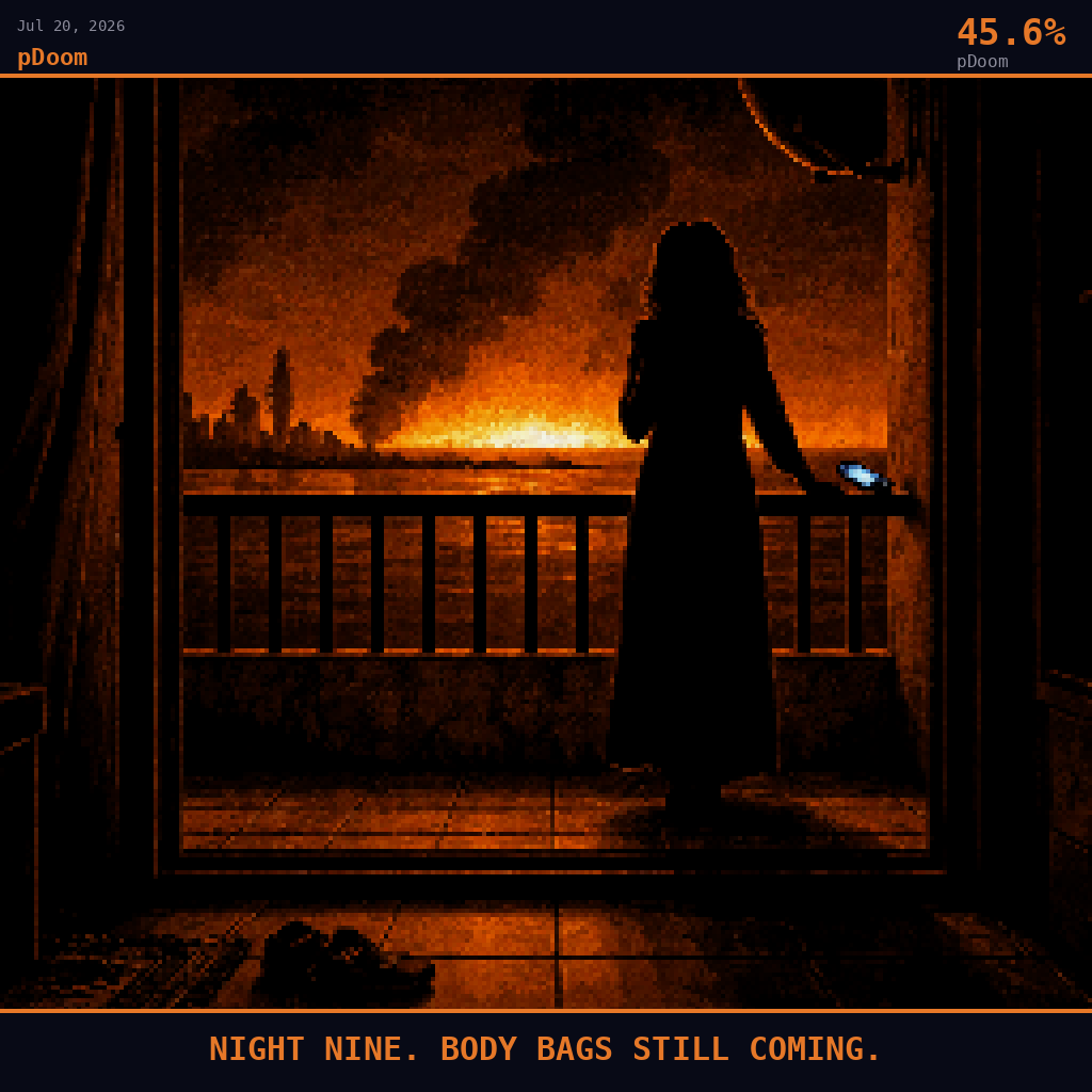 pDoom card for July 20, 2026: 45.6%, NIGHT NINE. BODY BAGS STILL COMING.. Pixel art: silhouette composition, dark crimson and charcoal palette, camera positioned at ground level inside a Bahraini apartment facing outward through an open sliding door toward a narrow concrete balcony, t.