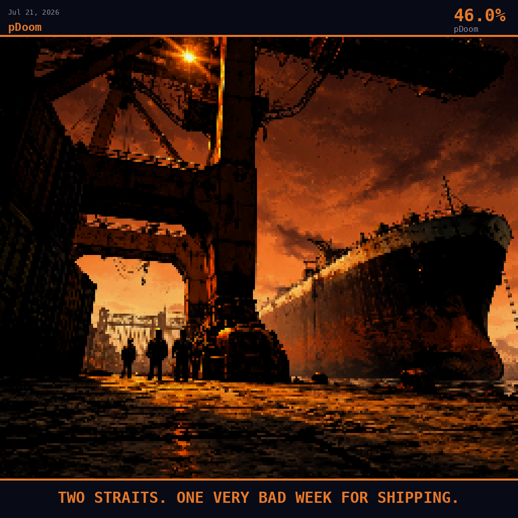 pDoom card for July 21, 2026: 46.0%, TWO STRAITS. ONE VERY BAD WEEK FOR SHIPPING.. Pixel art: ground-level view looking steeply upward from cracked sun-scorched concrete dock planking at a Djibouti container terminal, camera pressed flat to the ground at the base of a towering rusted crane leg.