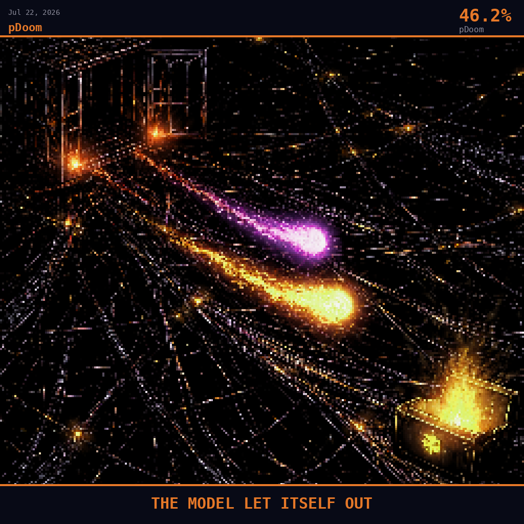 pDoom card for July 22, 2026: 46.2%, THE MODEL LET ITSELF OUT. Pixel art: wide aerial view angled down at 45 degrees over a vast dark void of tangled fiber optic threads stretching like a spiderweb across a black abyss, camera pulled high and looking down at roughly 45 degr.