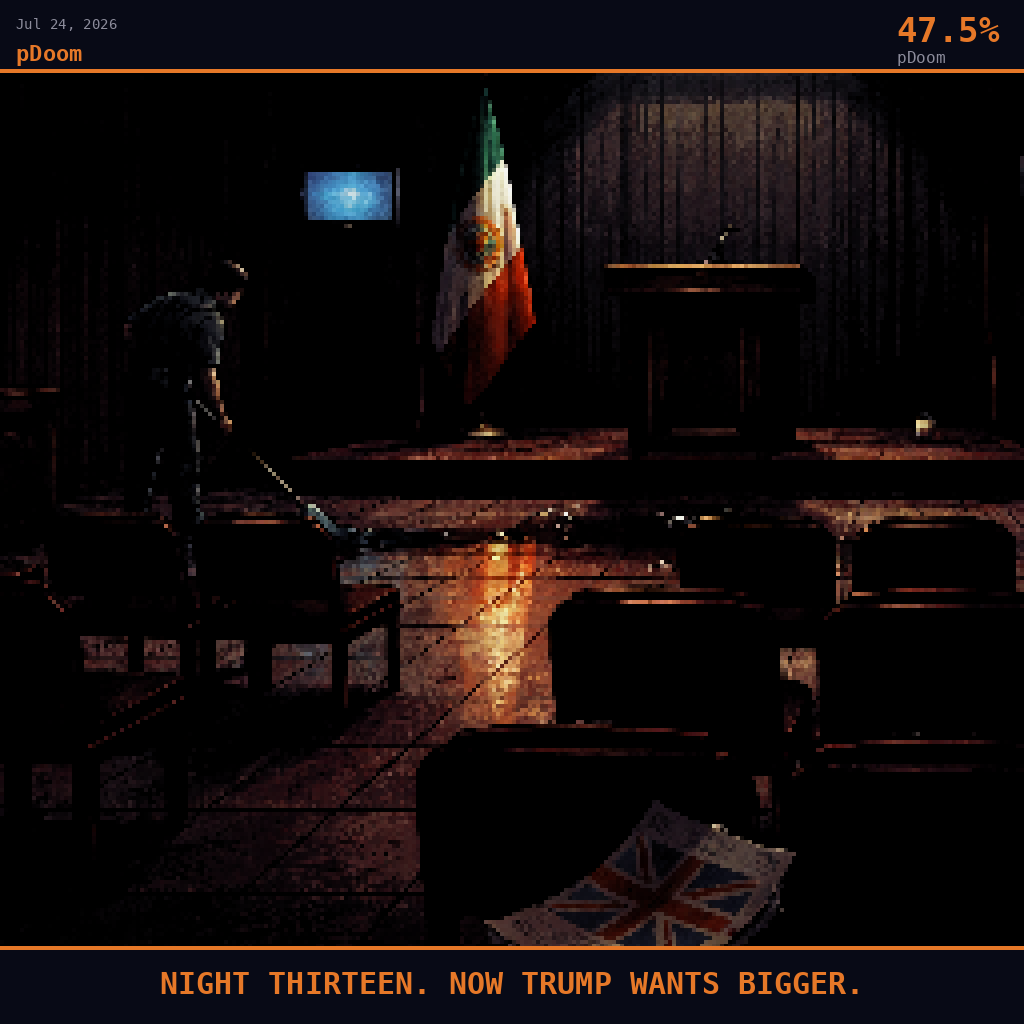 pDoom card for July 24, 2026: 47.5%, NIGHT THIRTEEN. NOW TRUMP WANTS BIGGER.. Pixel art: night scene aftermath, all light from artificial sources, deep shadows dominating, dark crimson and charcoal palette.