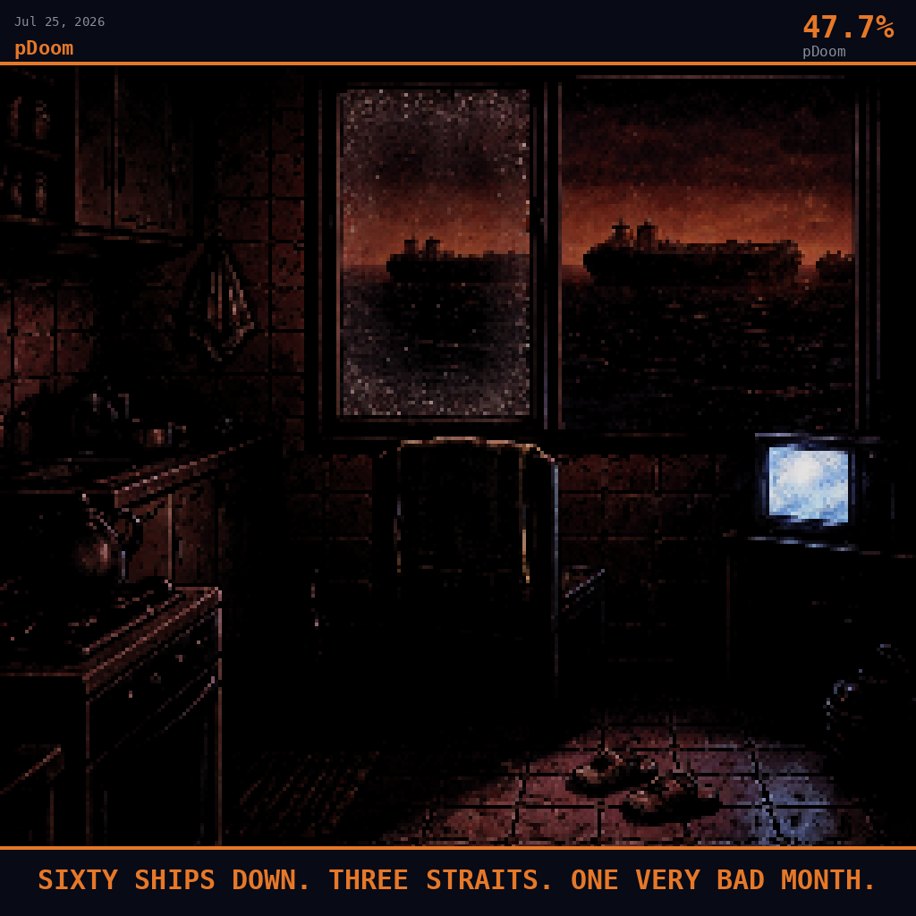 pDoom card for July 25, 2026: 47.7%, SIXTY SHIPS DOWN. THREE STRAITS. ONE VERY BAD MONTH.. Pixel art: interior scene of a cramped family kitchen in a Fujairah apartment on the UAE's eastern coast, camera positioned inside looking outward through a narrow salt-crusted window toward the dark Strait of H.
