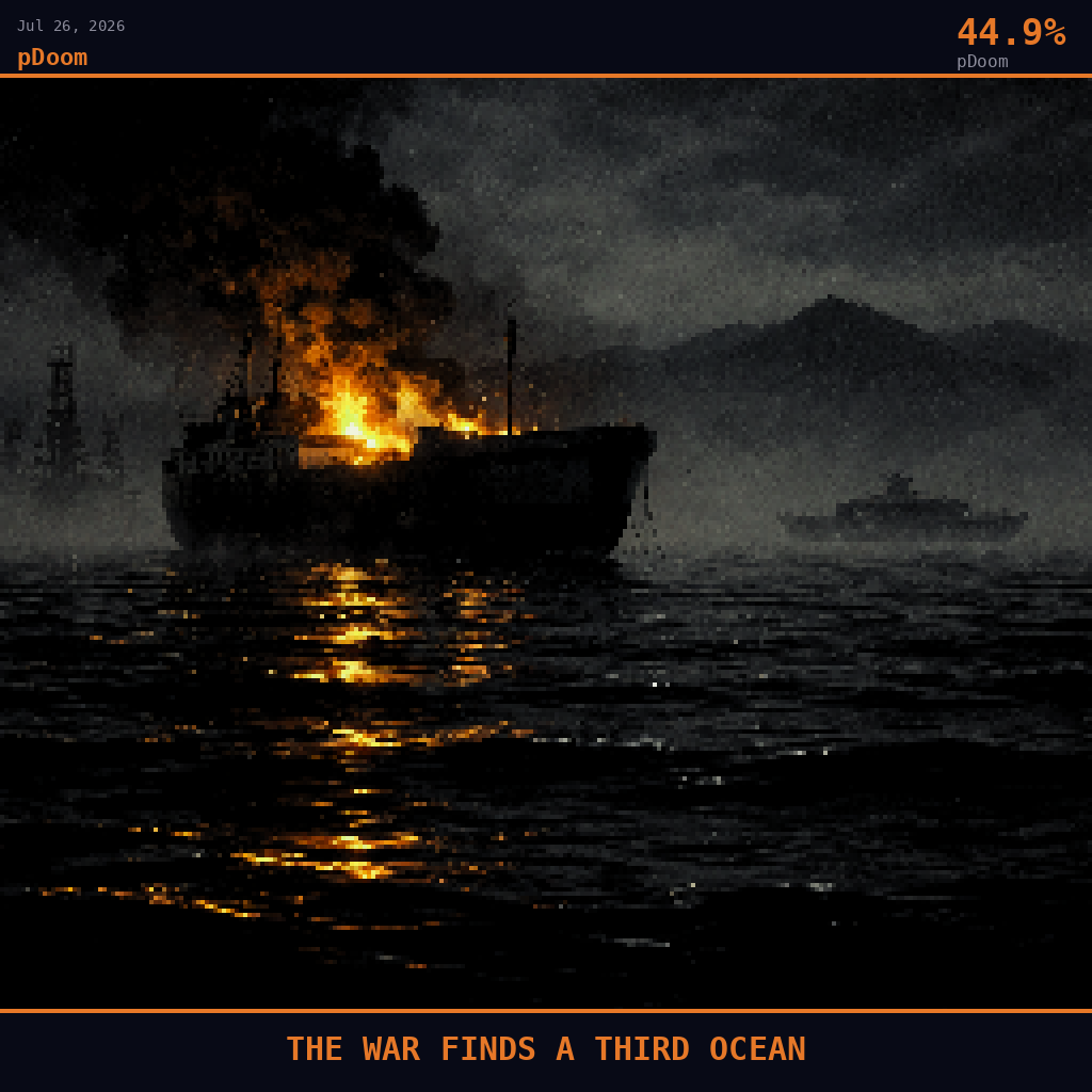 pDoom card for July 26, 2026: 44.9%, THE WAR FINDS A THIRD OCEAN. Pixel art: weather-dominated night scene over the Caspian Sea off Iran's northern coast, thick curtains of warm summer fog and haze rolling across flat black water that sits unnaturally still and enclosed, camer.