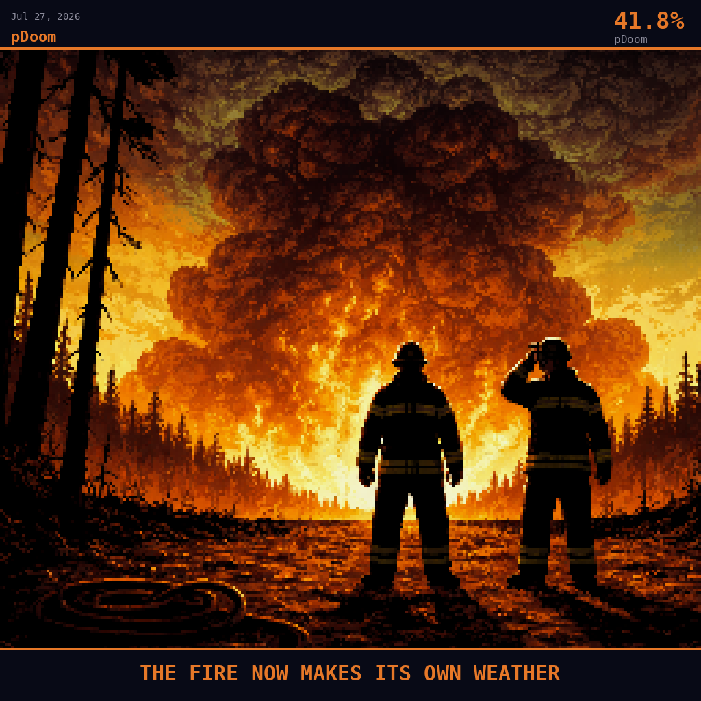 pDoom card for July 27, 2026: 41.8%, THE FIRE NOW MAKES ITS OWN WEATHER. Pixel art: silhouette composition, dark crimson and charcoal palette, backlit scene at the edge of a French pine forest firebreak in Les Landes, the camera positioned low at ground level facing outward toward an.