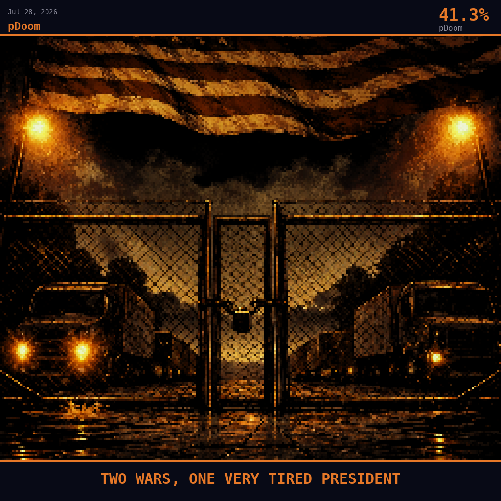pDoom card for July 28, 2026: 41.3%, TWO WARS, ONE VERY TIRED PRESIDENT. Pixel art: ground-level view looking steeply upward from cracked pavement outside a Washington D.
