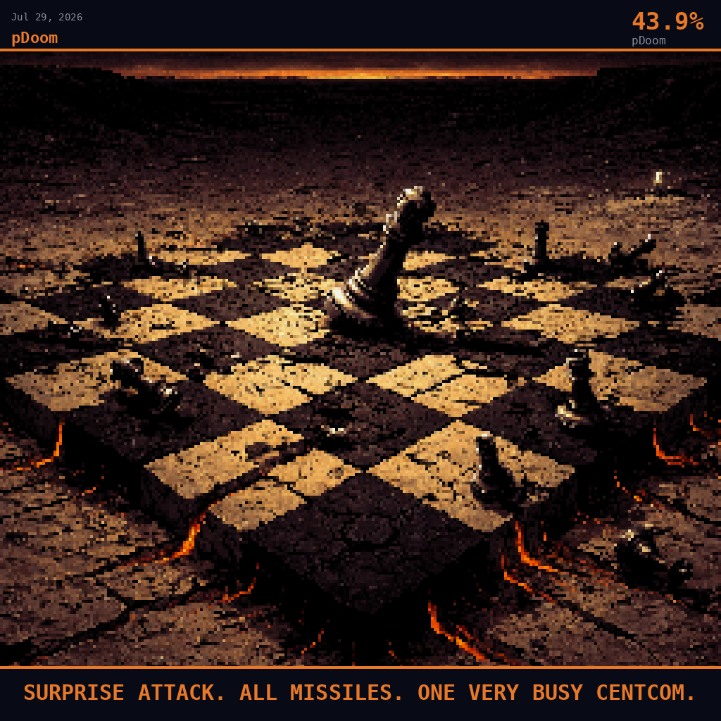 pDoom card for July 29, 2026: 43.9%, SURPRISE ATTACK. ALL MISSILES. ONE VERY BUSY CENTCOM.. Pixel art: wide aerial view angled down at 45 degrees over a vast flat desert expanse at deep night, camera pulling back to reveal an enormous chessboard scorched into the pale tan hardpack of a Jordanian desert.