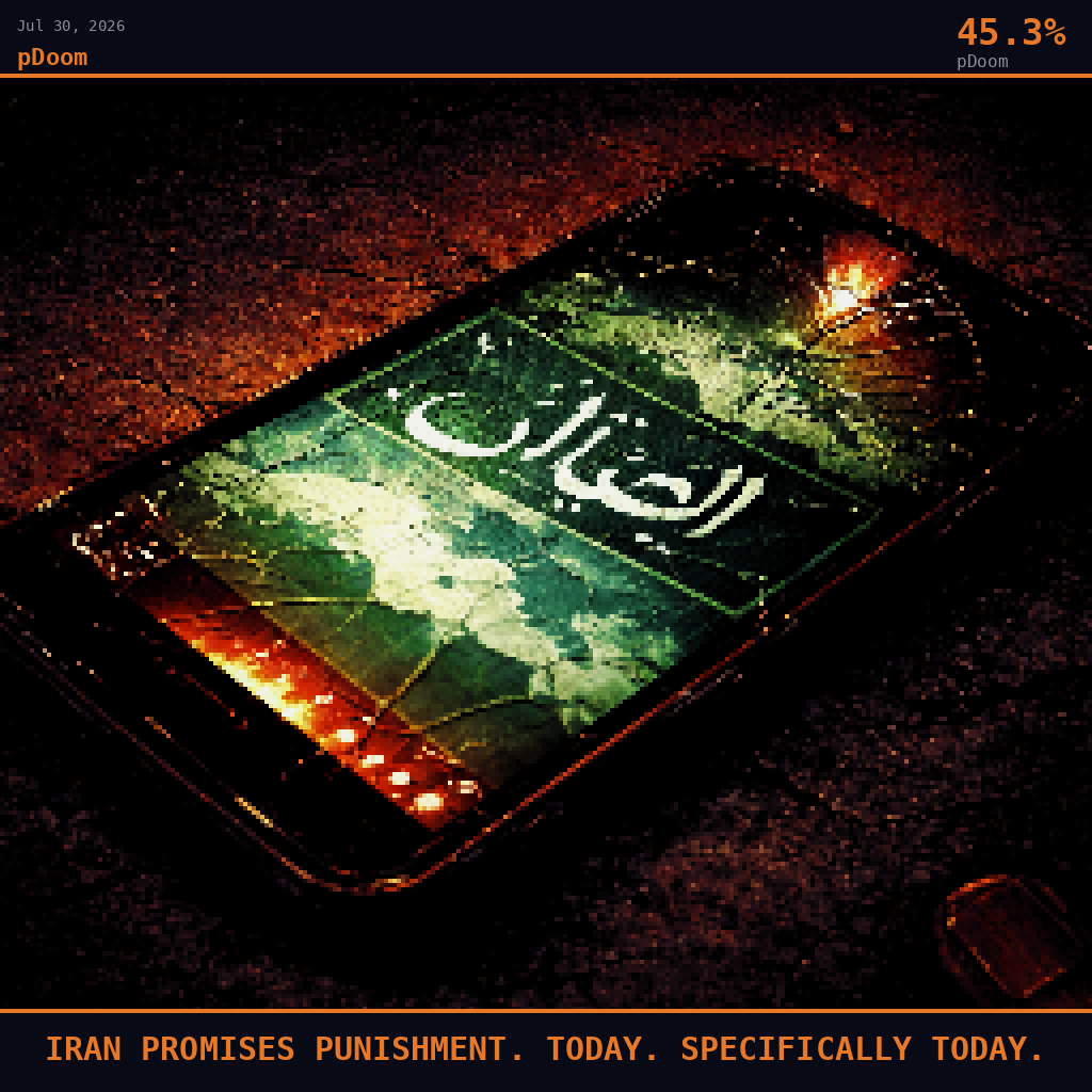 pDoom card for July 30, 2026: 45.3%, IRAN PROMISES PUNISHMENT. TODAY. SPECIFICALLY TODAY..