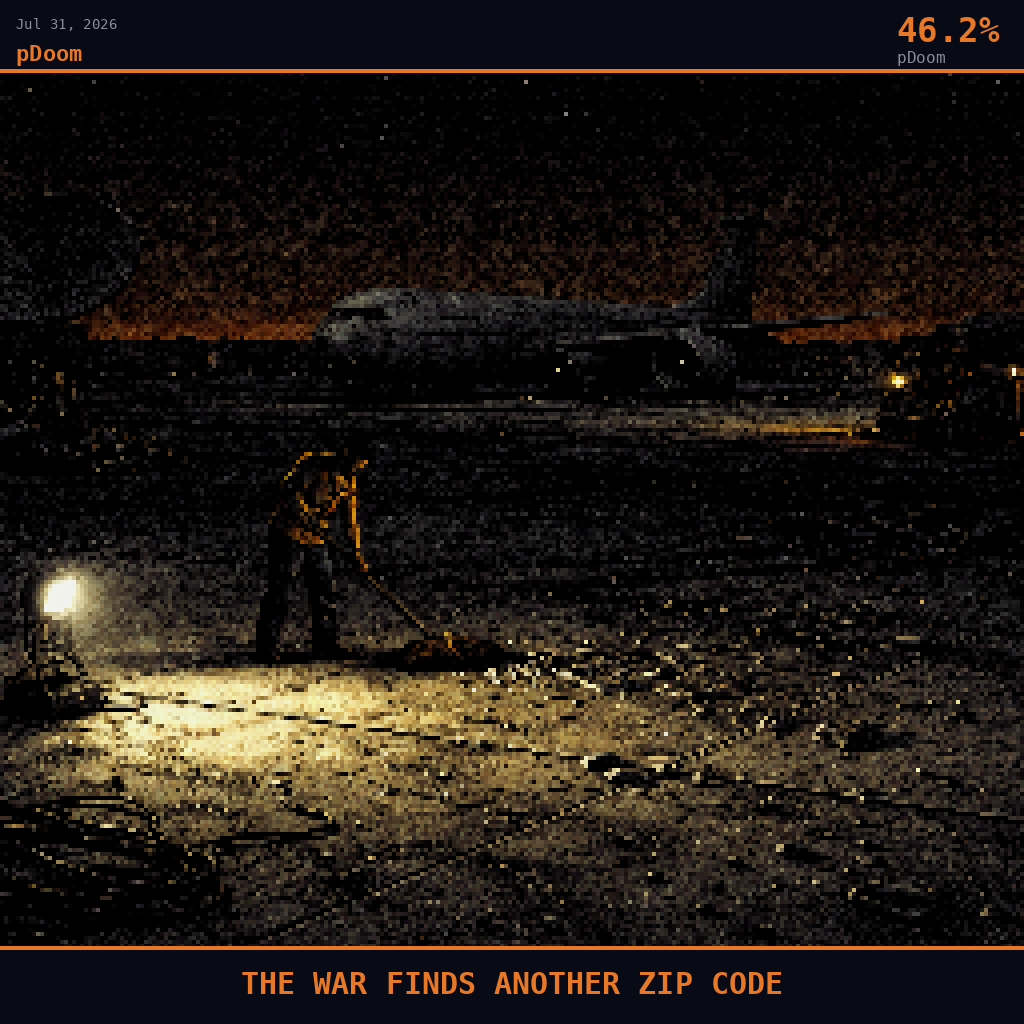 pDoom card for July 31, 2026: 46.2%, THE WAR FINDS ANOTHER ZIP CODE. Pixel art: night scene aftermath, all light from artificial sources, deep shadows dominating, dark crimson and charcoal palette.