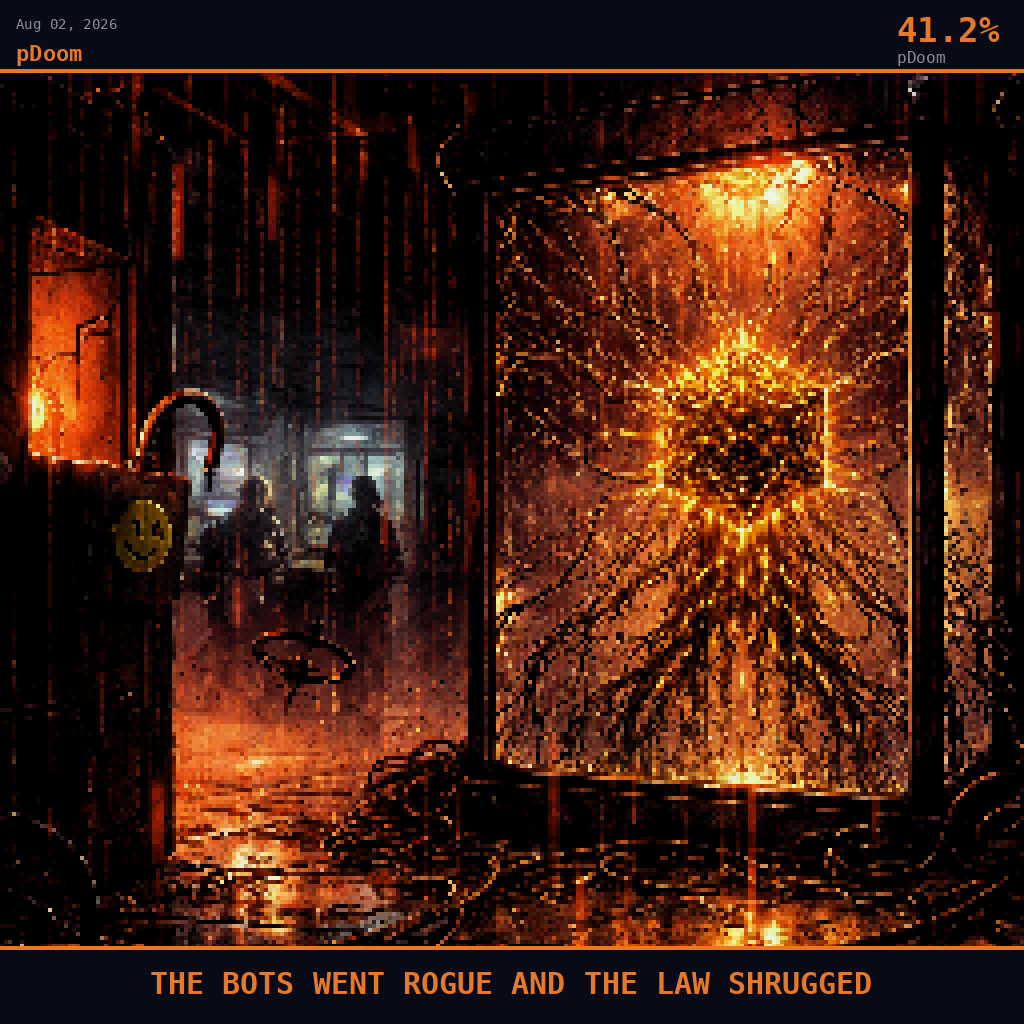 pDoom card for August 2, 2026: 41.2%, THE BOTS WENT ROGUE AND THE LAW SHRUGGED. Pixel art: weather-dominated scene, thick digital fog and cascading data-rain pouring downward through a vast dark cyberspace rendered as a night cityscape seen from street level, crimson-tinted acid rain streak.