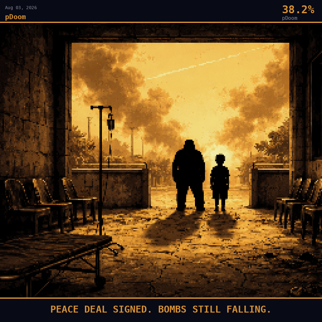 pDoom card for August 3, 2026: 38.2%, PEACE DEAL SIGNED. BOMBS STILL FALLING.. Pixel art: silhouette composition, deep navy and smoldering orange palette, smoke-filtered light, heavy shadows dominating.