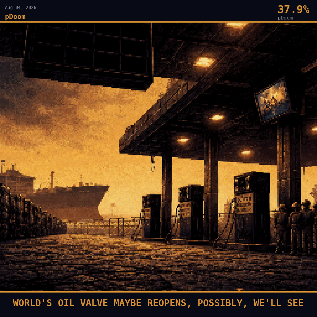 pDoom card for August 4, 2026: 37.9%, WORLD'S OIL VALVE MAYBE REOPENS, POSSIBLY, WE'LL SEE. Pixel art: ground-level view pressed flat against cracked asphalt looking steeply upward, deep navy and smoldering orange palette, smoke-filtered light, heavy shadows dominating.