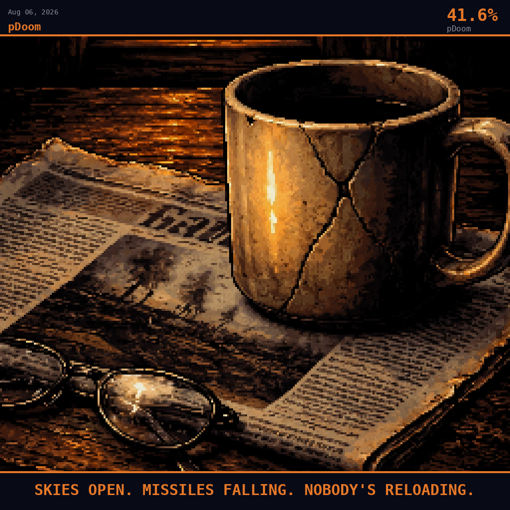 pDoom card for August 6, 2026: 41.6%, SKIES OPEN. MISSILES FALLING. NOBODY'S RELOADING.. Pixel art: extreme close-up filling the entire frame with a cracked ceramic coffee mug sitting on a worn Kyiv kitchen table, the mug's surface reflecting orange firelight from an unseen source beyond the window,.
