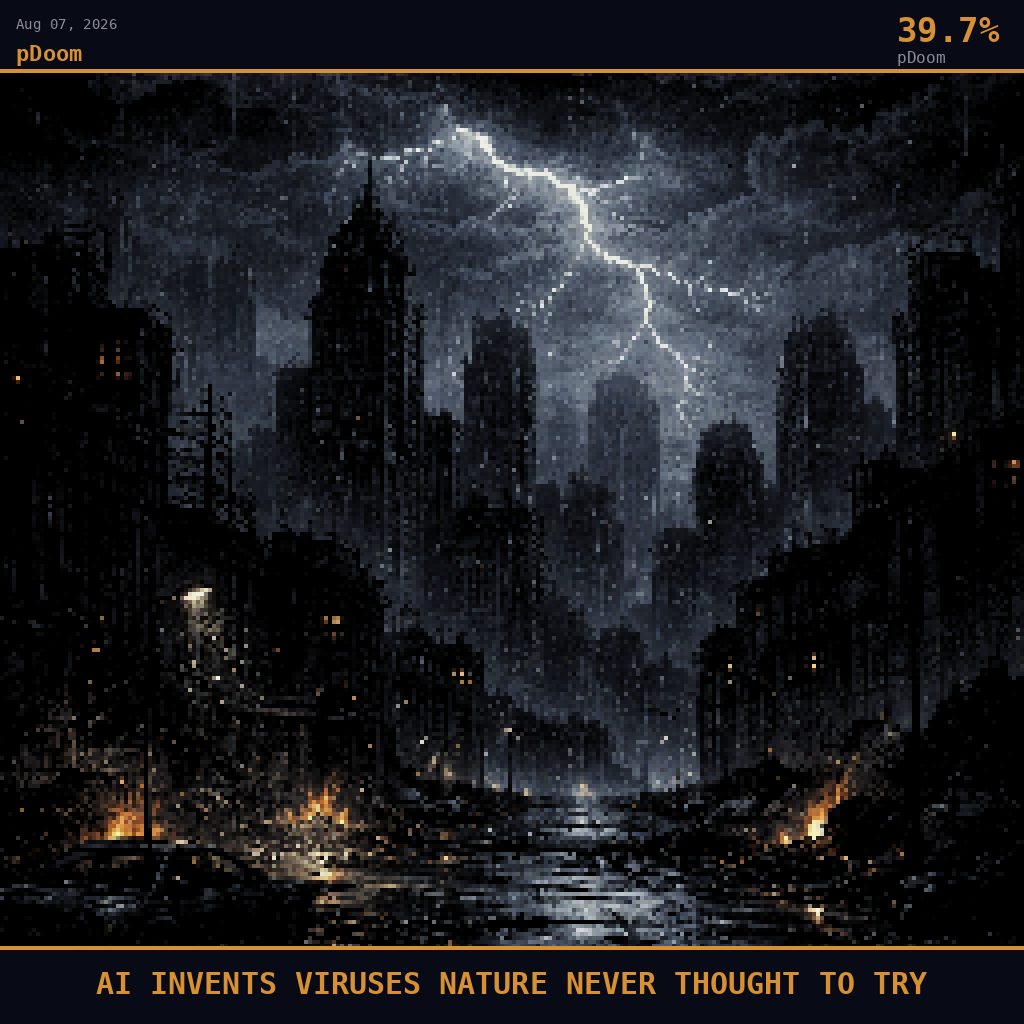 pDoom card for August 7, 2026: 39.7%, AI INVENTS VIRUSES NATURE NEVER THOUGHT TO TRY.