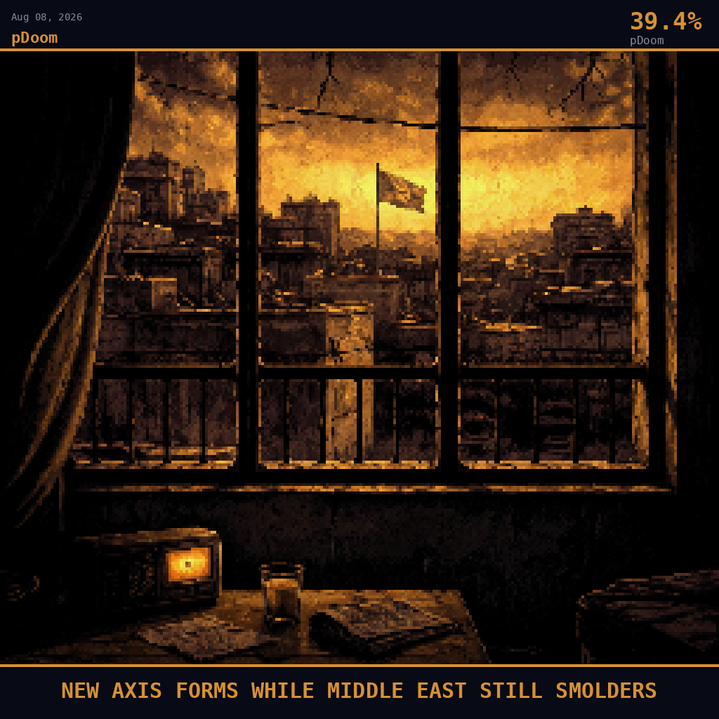 pDoom card for August 8, 2026: 39.4%, NEW AXIS FORMS WHILE MIDDLE EAST STILL SMOLDERS. Pixel art: interior scene, we are inside a sparse Karachi apartment looking outward through a cracked window streaked with dust, deep navy and smoldering orange palette, smoke-filtered light, heavy shadows domin.