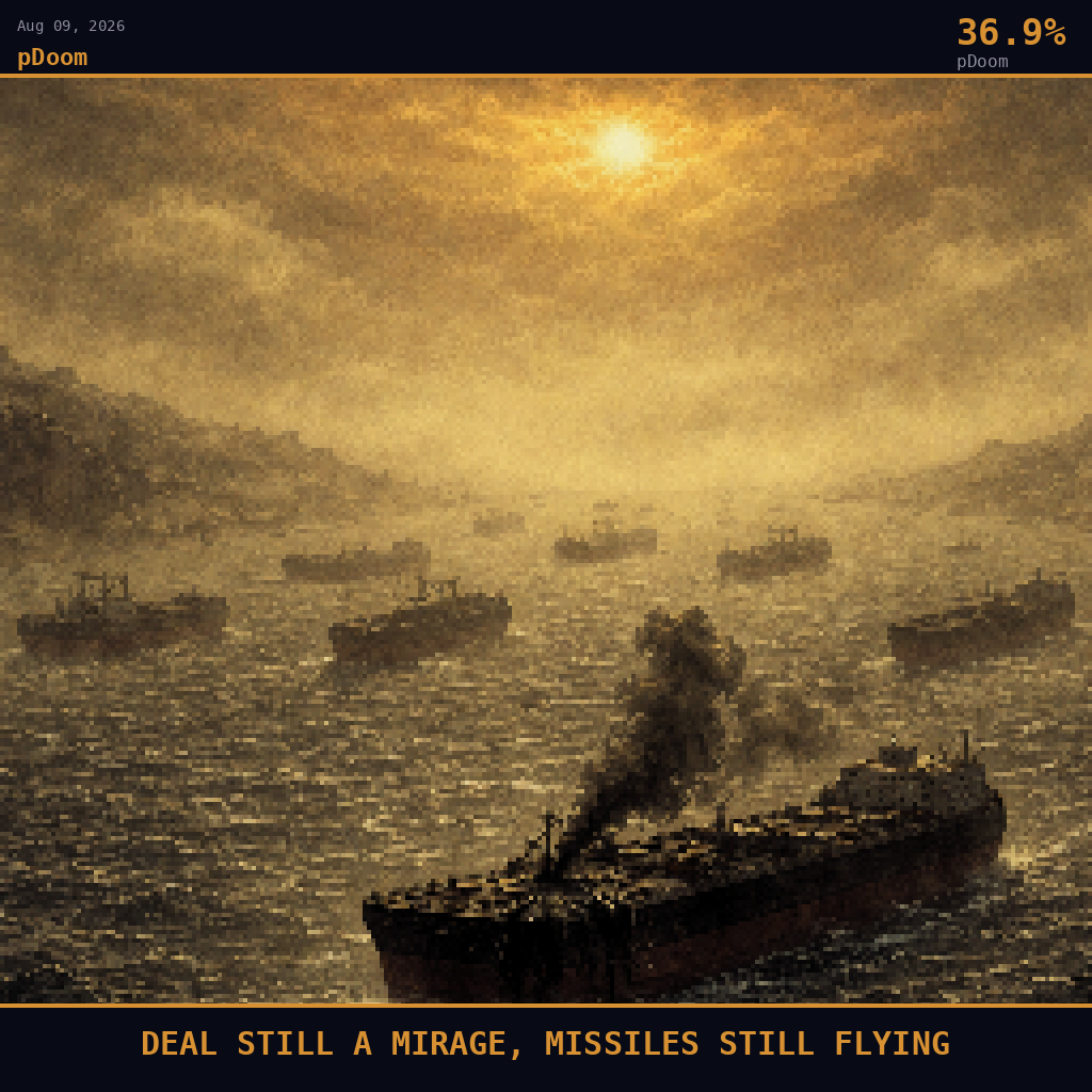pDoom card for August 9, 2026: 36.9%, DEAL STILL A MIRAGE, MISSILES STILL FLYING. Pixel art: weather-dominated scene, a thick petrochemical haze and salt fog rolls across the Strait of Hormuz at midday, the brutal Gulf summer sun reduced to a smoldering orange smear behind curtains of grey-br.