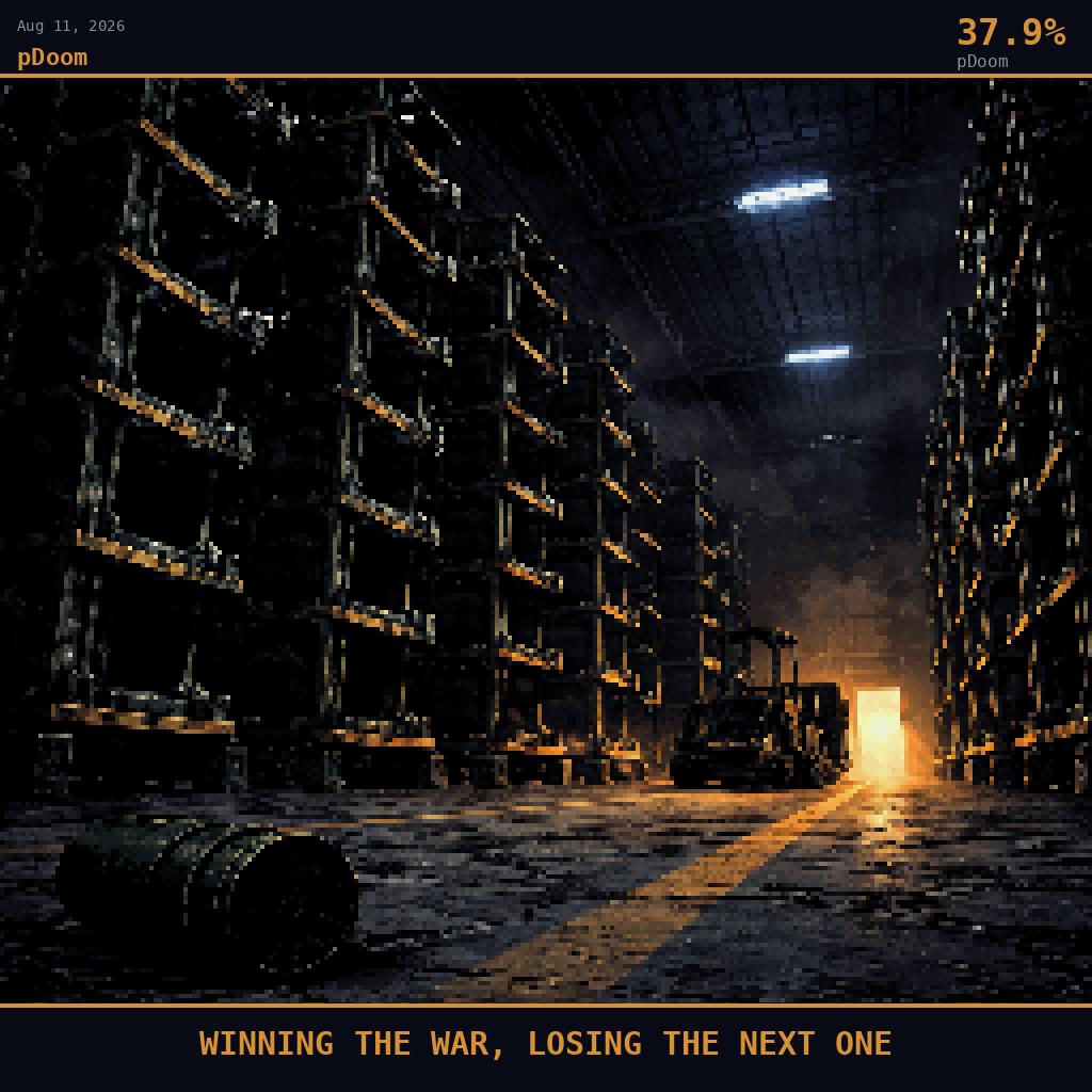 pDoom card for August 11, 2026: 37.9%, WINNING THE WAR, LOSING THE NEXT ONE. Pixel art: ground-level view pressed flat against cracked concrete looking steeply upward inside a massive military depot warehouse, deep navy and smoldering orange palette, smoke-filtered light, heavy shadows d.