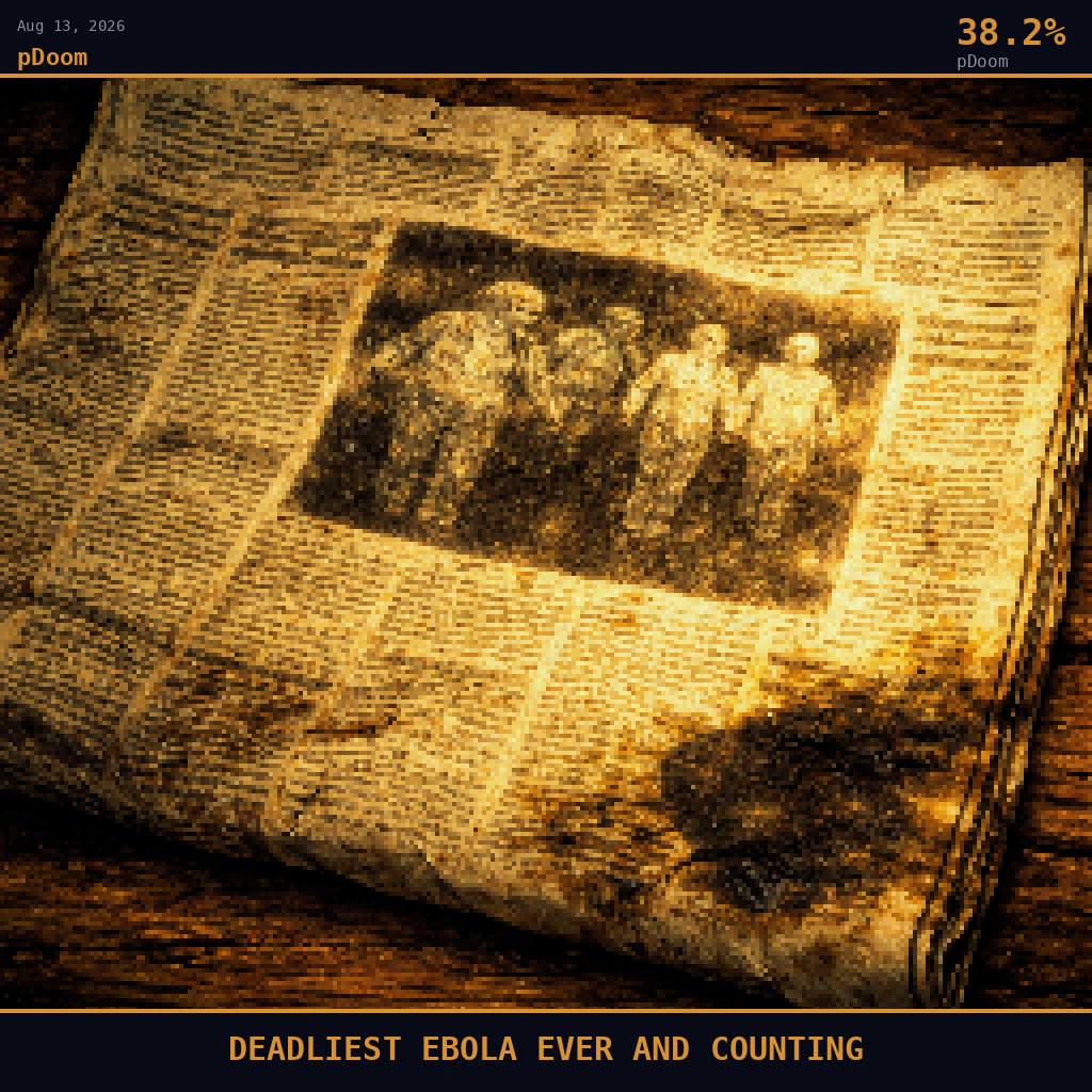 pDoom card for August 13, 2026: 38.2%, DEADLIEST EBOLA EVER AND COUNTING. Pixel art: extreme close-up filling the entire frame with a crumpled French-language newspaper laid flat on a rough-hewn wooden table, the paper's surface dominating every pixel, headline text rendered as illegi.