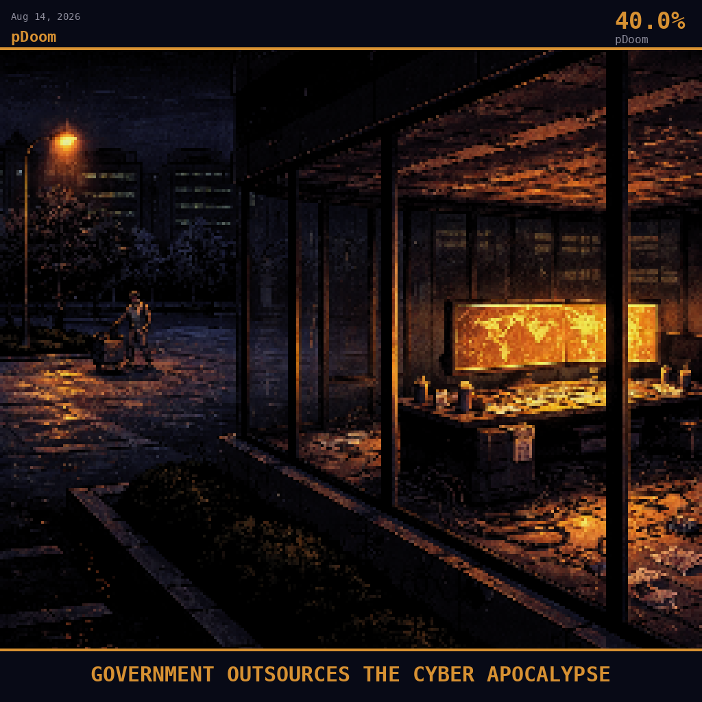 pDoom card for August 14, 2026: 40.0%, GOVERNMENT OUTSOURCES THE CYBER APOCALYPSE. Pixel art: night scene, all light from artificial sources, deep shadows dominating.