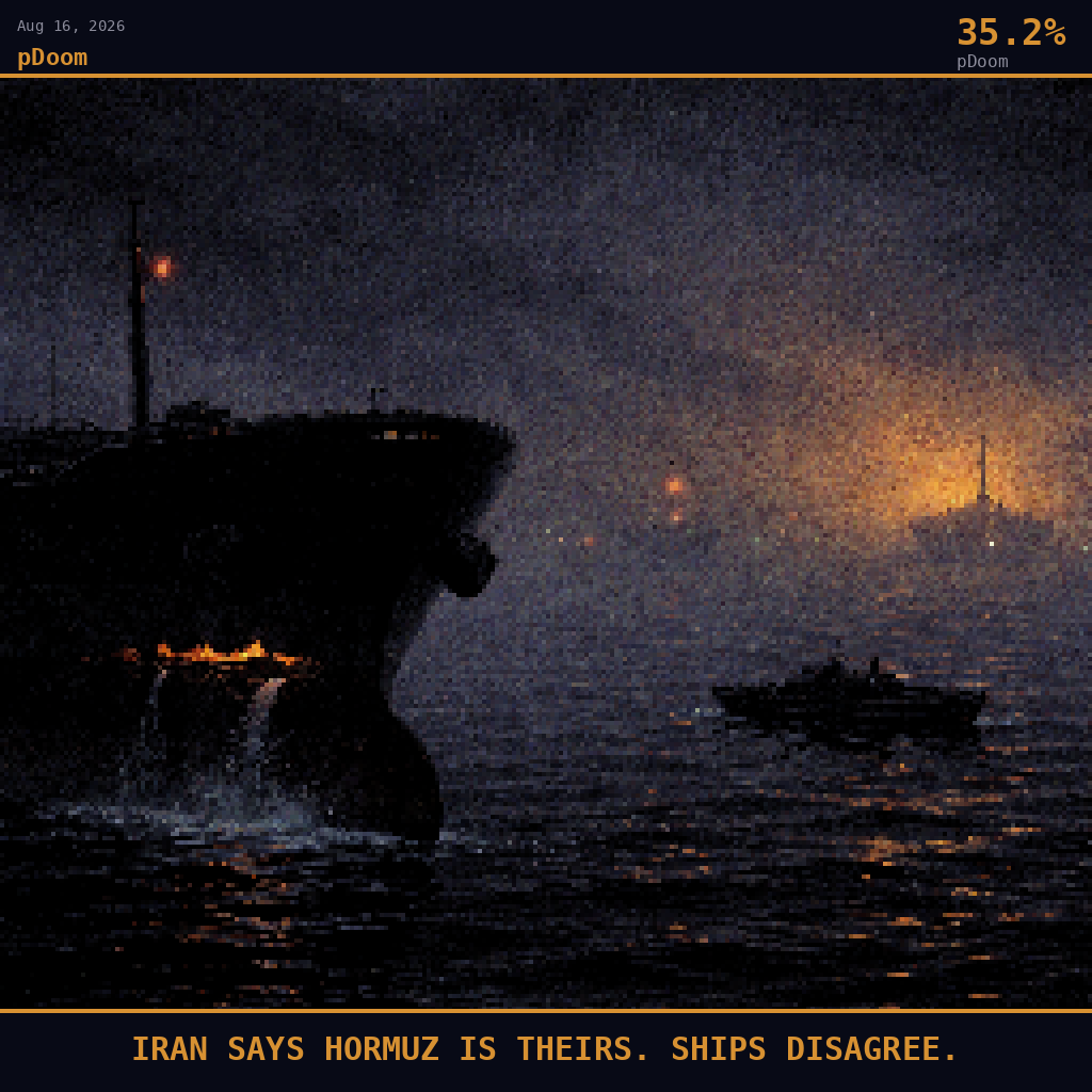 pDoom card for August 16, 2026: 35.2%, IRAN SAYS HORMUZ IS THEIRS. SHIPS DISAGREE.. Pixel art: weather-dominated scene, a thick wall of pre-dawn Gulf haze and petrochemical fog swallows the Strait of Hormuz, the atmosphere itself the dominant subject, visibility crushed to near zero as only the.