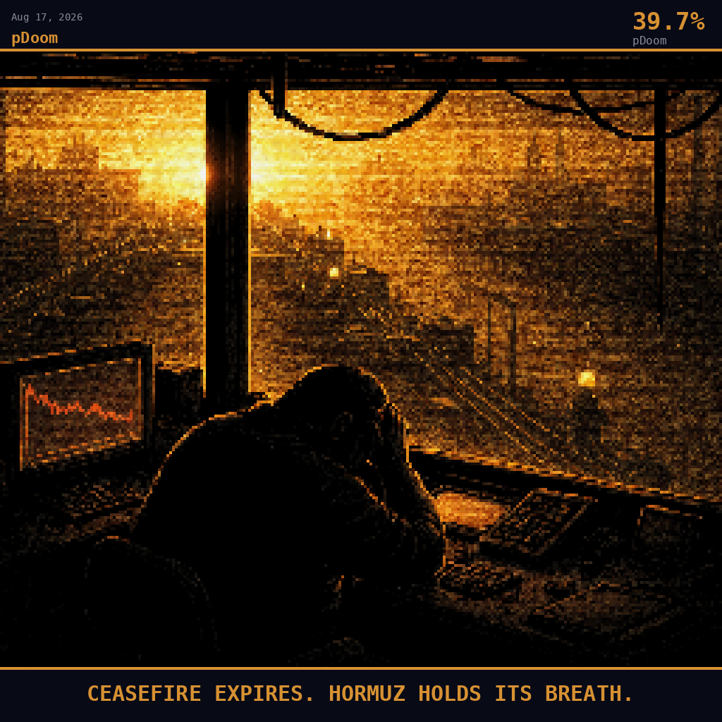 pDoom card for August 17, 2026: 39.7%, CEASEFIRE EXPIRES. HORMUZ HOLDS ITS BREATH.. Pixel art: silhouette composition, deep navy and smoldering orange palette, smoke-filtered light, heavy shadows dominating.