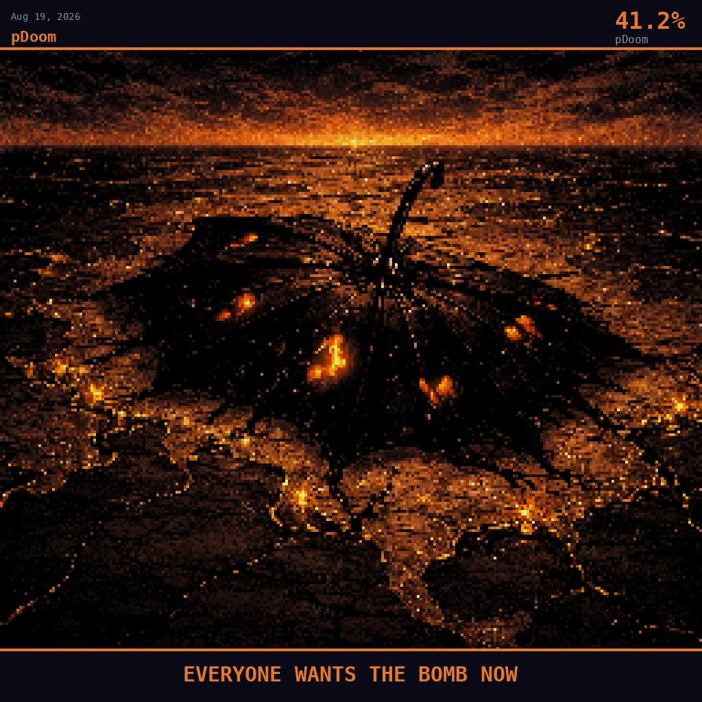 pDoom card for August 19, 2026: 41.2%, EVERYONE WANTS THE BOMB NOW. Pixel art: wide aerial view angled down at 45 degrees, dark crimson and charcoal palette, firelight reflections bleeding across dark surfaces.