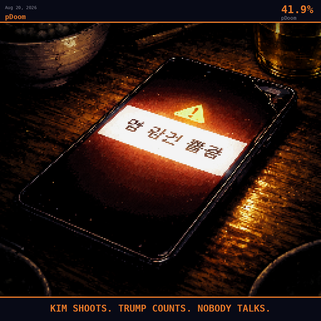 pDoom card for August 20, 2026: 41.9%, KIM SHOOTS. TRUMP COUNTS. NOBODY TALKS.. Pixel art: extreme close-up filling the entire frame with a smartphone screen lying face-up on a wooden Korean breakfast table, the screen dominating the composition edge to edge, a Korean-language news alert gl.