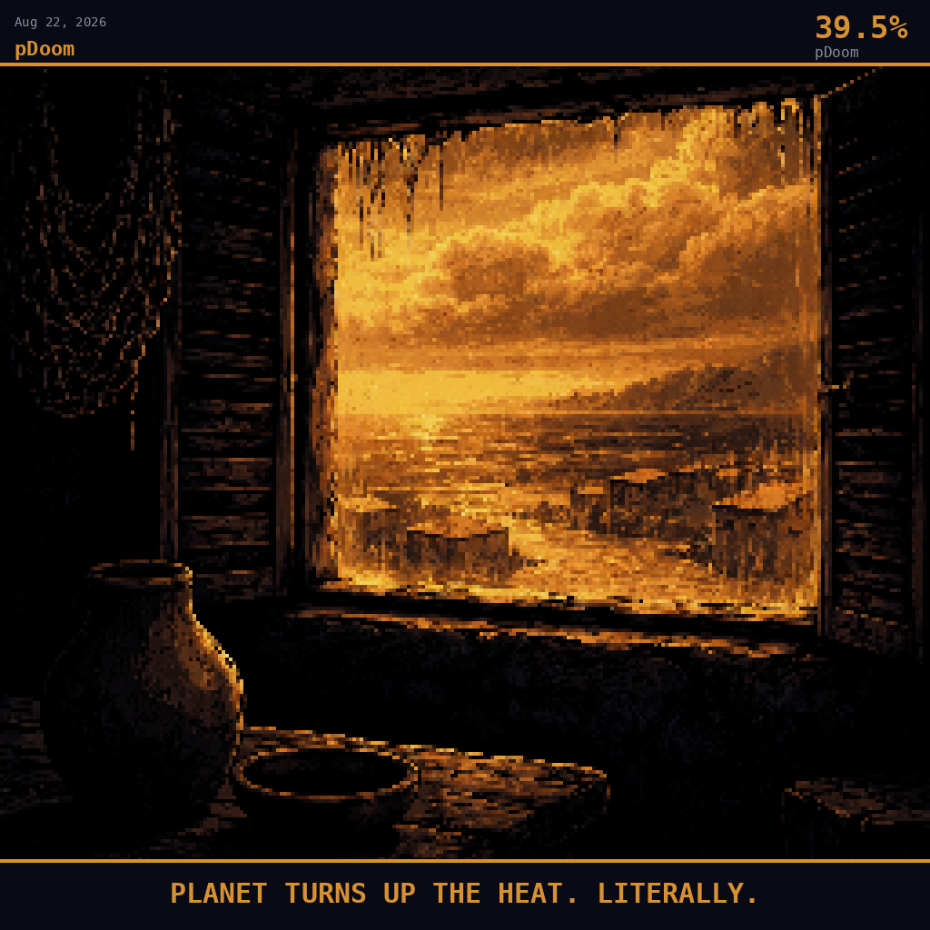 pDoom card for August 22, 2026: 39.5%, PLANET TURNS UP THE HEAT. LITERALLY.. Pixel art: interior scene, we are inside a small weathered farmhouse in coastal Peru, the Pacific coast village of Paita visible through a wide salt-crusted window, the outside world framed by peeling wooden shu.