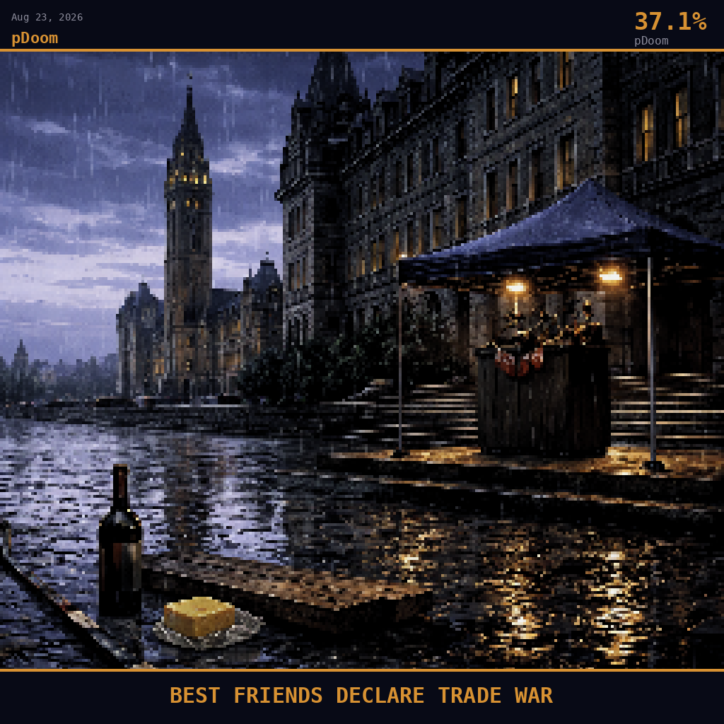 pDoom card for August 23, 2026: 37.1%, BEST FRIENDS DECLARE TRADE WAR. Pixel art: weather-dominated scene, a cold September rain sheets down over Ottawa's Wellington Street at dawn, the grey limestone facade of the Langevin Block slick and darkened with moisture, the Peace Tower of.