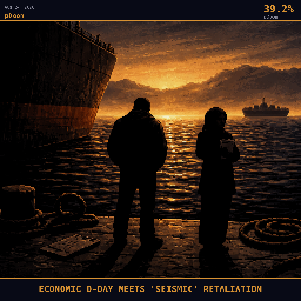 pDoom card for August 24, 2026: 39.2%, ECONOMIC D-DAY MEETS 'SEISMIC' RETALIATION. Pixel art: silhouette composition, deep navy and smoldering orange palette, smoke-filtered light, heavy shadows dominating.