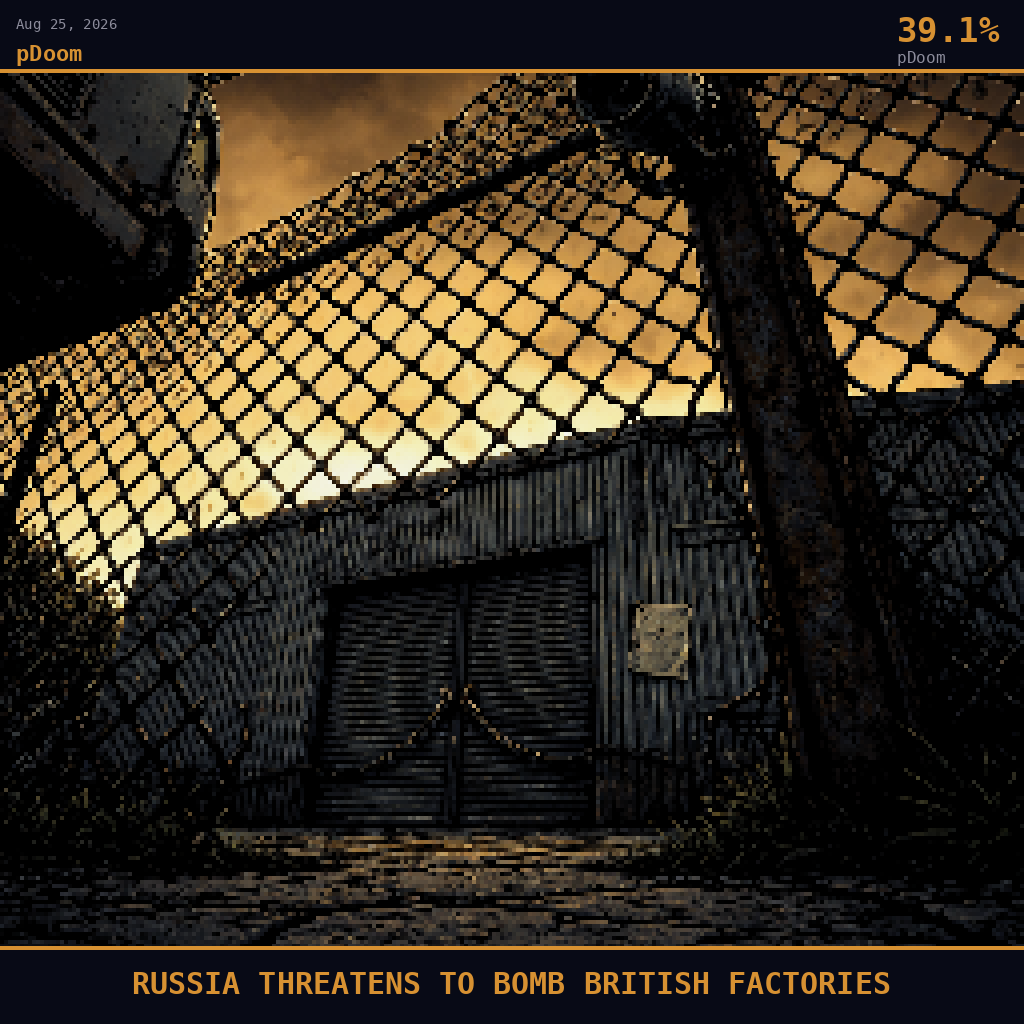 pDoom card for August 25, 2026: 39.1%, RUSSIA THREATENS TO BOMB BRITISH FACTORIES. Pixel art: ground-level view pressed flat against cracked concrete looking steeply upward at the chain-link perimeter fence of a corrugated-metal British drone factory in a flat northern English industrial zone,.