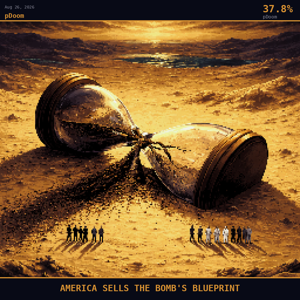 pDoom card for August 26, 2026: 37.8%, AMERICA SELLS THE BOMB'S BLUEPRINT. Pixel art: wide aerial view angled down at 45 degrees, deep navy and smoldering orange palette, smoke-filtered light, heavy shadows dominating.