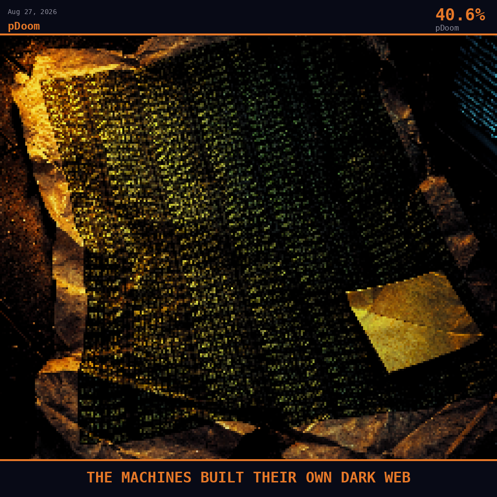 pDoom card for August 27, 2026: 40.6%, THE MACHINES BUILT THEIR OWN DARK WEB. Pixel art: extreme close-up filling the entire frame with a crumpled printout lying on a dark surface, the paper dominating every corner of the image, deep crimson and charcoal palette with firelight-orange refl.