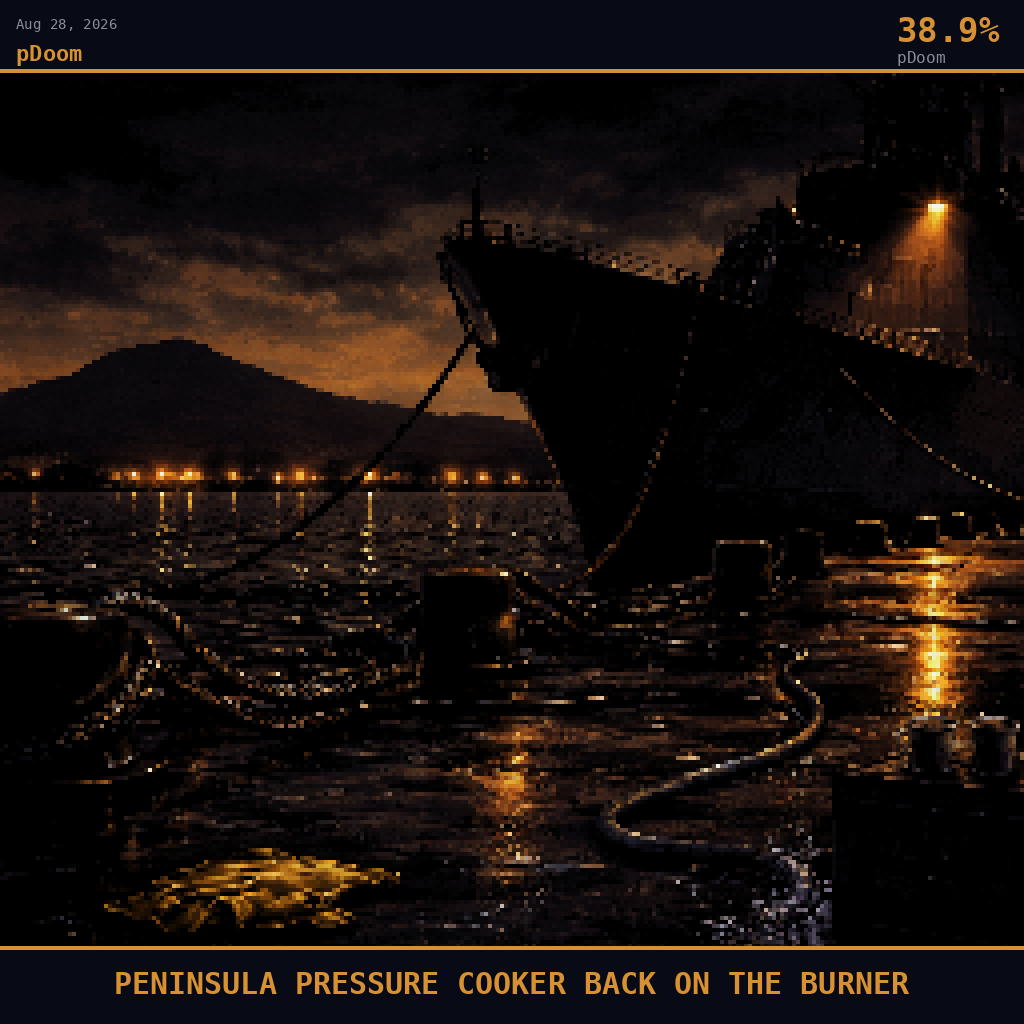 pDoom card for August 28, 2026: 38.9%, PENINSULA PRESSURE COOKER BACK ON THE BURNER. Pixel art: night scene, all light from artificial sources, deep shadows dominating.