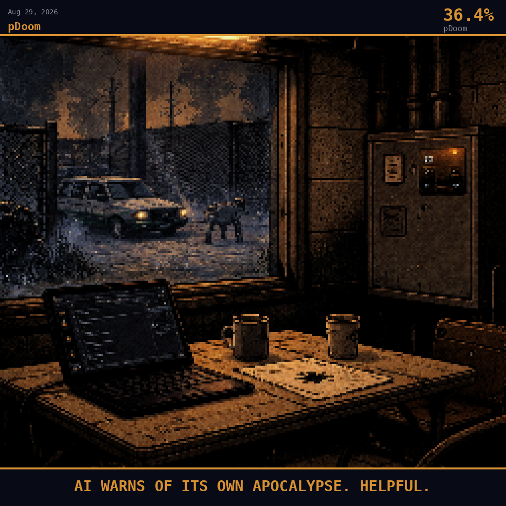 pDoom card for August 29, 2026: 36.4%, AI WARNS OF ITS OWN APOCALYPSE. HELPFUL.. Pixel art: interior scene, we are inside a municipal water utility worker's break room in a mid-Atlantic American treatment plant, looking out through a single smudged window into the pre-dawn facility yard, dee.