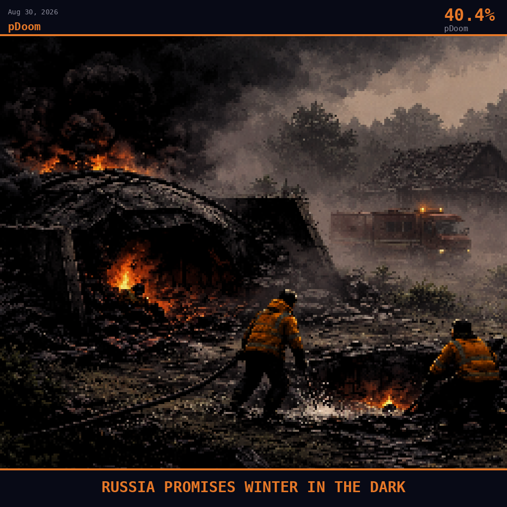 pDoom card for August 30, 2026: 40.4%, RUSSIA PROMISES WINTER IN THE DARK. Pixel art: weather-dominated scene, a thick pall of dark smoke merges with low August fog rolling across the outskirts of a small Ukrainian village at pale grey dawn, the haze so dense it swallows the horizon en.