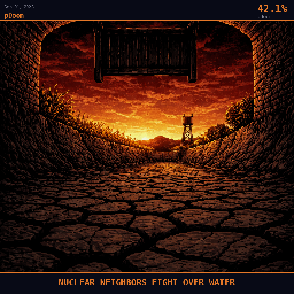 pDoom card for September 1, 2026: 42.1%, NUCLEAR NEIGHBORS FIGHT OVER WATER. Pixel art: ground-level view pressed flat against cracked earth looking steeply upward, dark crimson and charcoal palette, firelight-toned dusk light bleeding across the scene from a low western horizon.