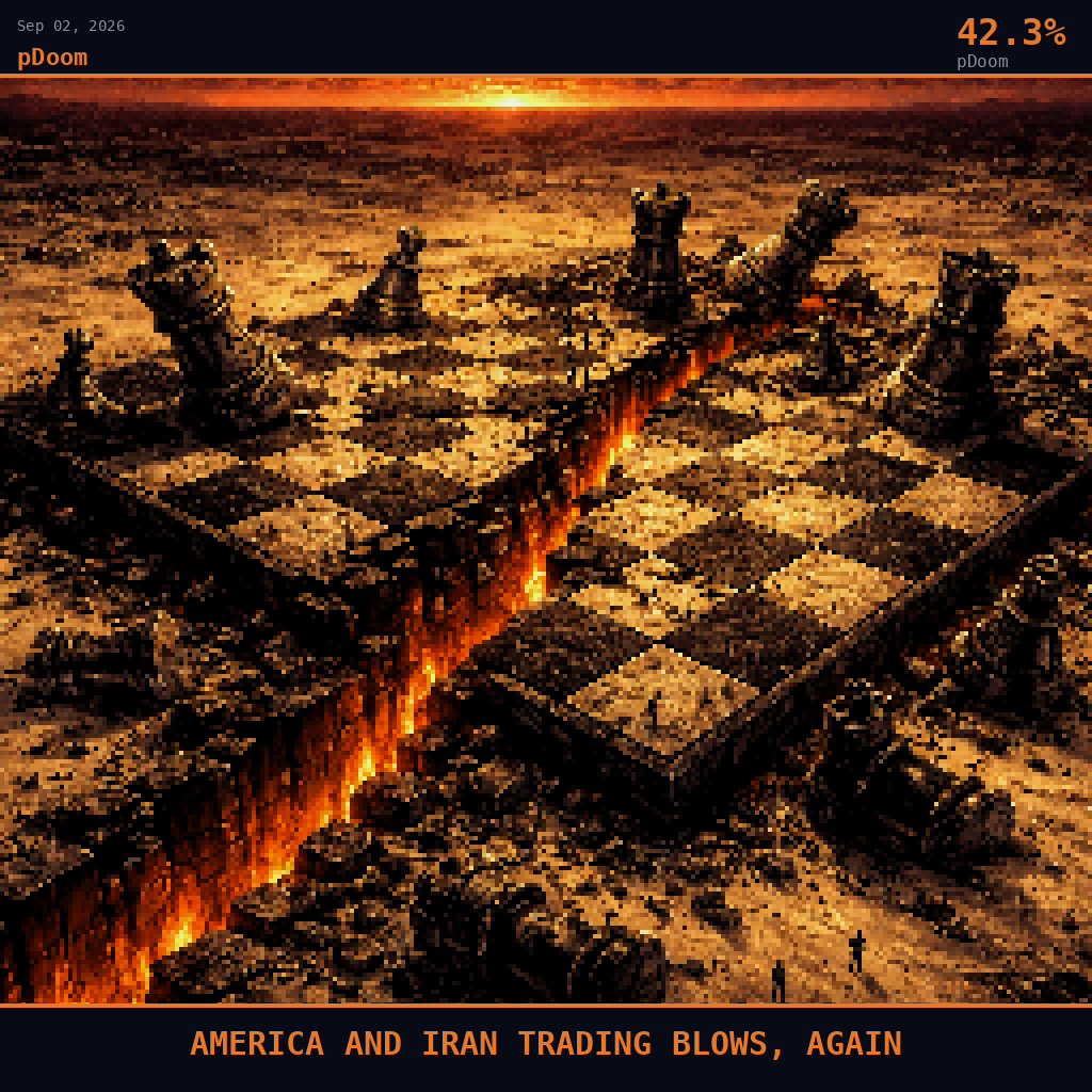 pDoom card for September 2, 2026: 42.3%, AMERICA AND IRAN TRADING BLOWS, AGAIN. Pixel art: wide aerial view angled down at 45 degrees, dark crimson and charcoal palette, firelight reflections on dark surfaces, high contrast and oppressive.
