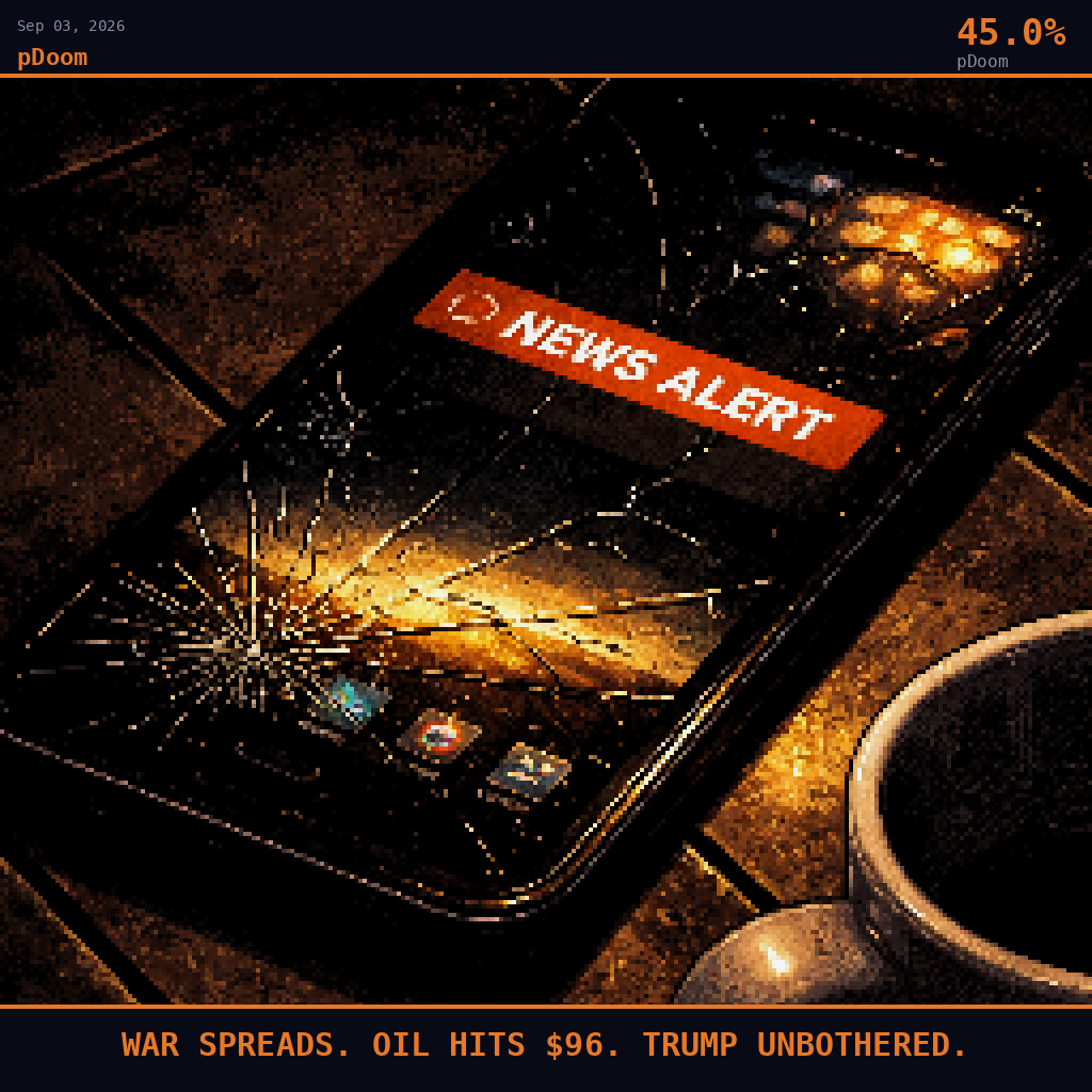 pDoom card for September 3, 2026: 45.0%, WAR SPREADS. OIL HITS $96. TRUMP UNBOTHERED.. Pixel art: extreme close-up filling the entire frame with a cracked phone screen lying face-up on a dark ceramic kitchen tile, the screen's shattered glass catching and fracturing the glow of a muted television .